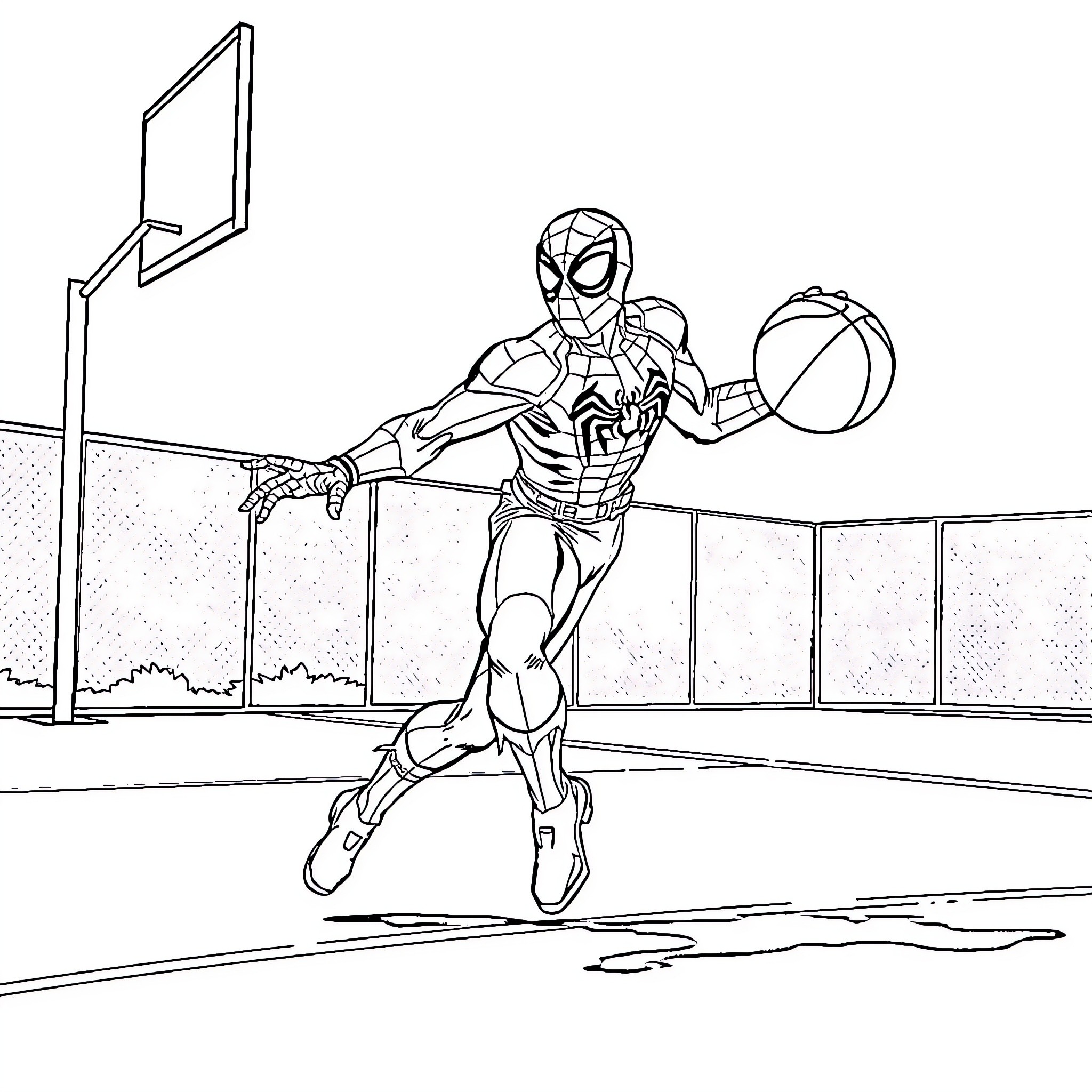 Spiderman playing basketball on the court Coloring Page (free black-and-white line drawing printable PDF for all, from beginners to advanced learners, including children, teens, adults, and seniors)