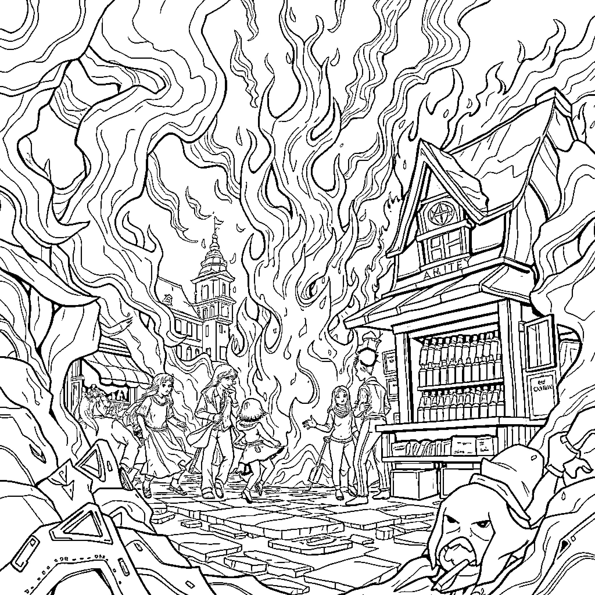 Negozio - Chaotic Urban Scene with Bustling Figures Coloring Page (free black-and-white line drawing printable PDF for all, from beginners to advanced learners, including children, teens, adults, and seniors)