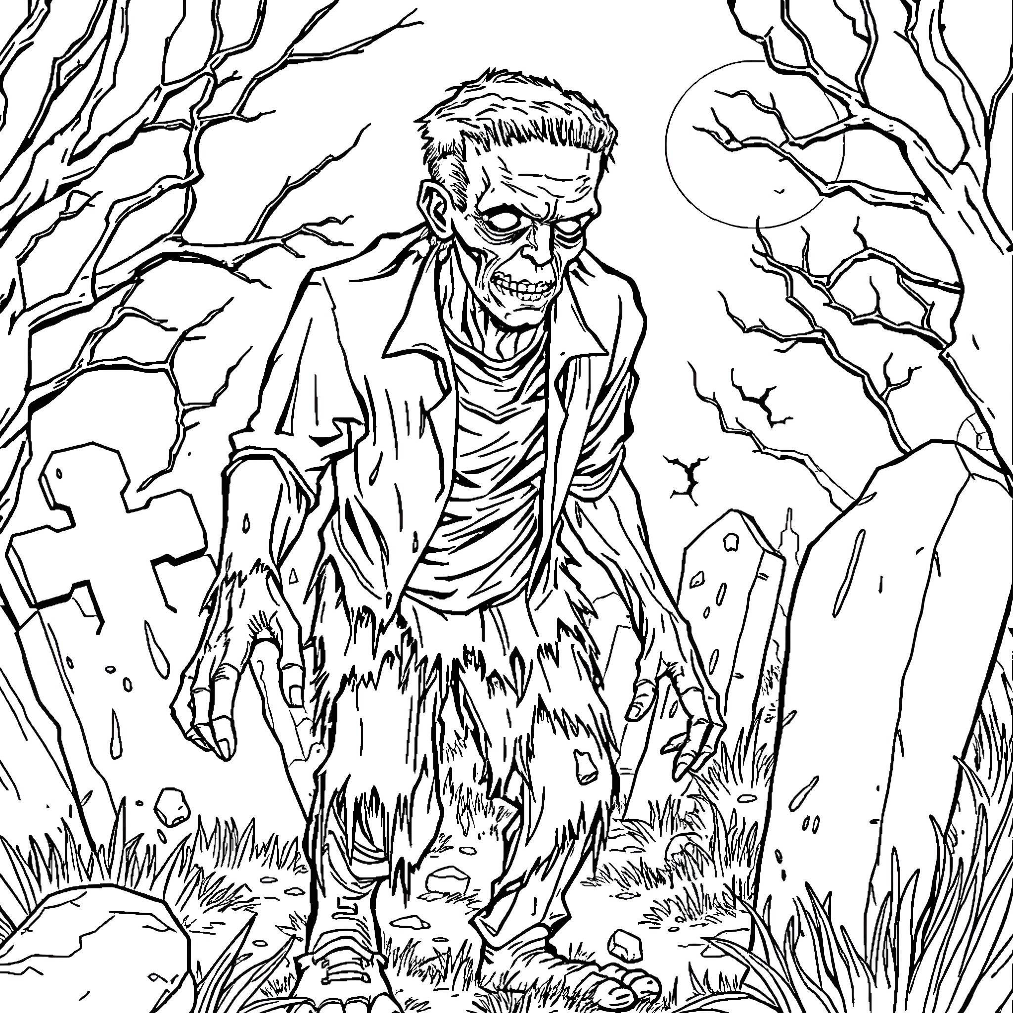 Frankenstein's Monster Haunting the Graveyard Coloring Page (free black-and-white line drawing printable PDF for all, from beginners to advanced learners, including children, teens, adults, and seniors)
