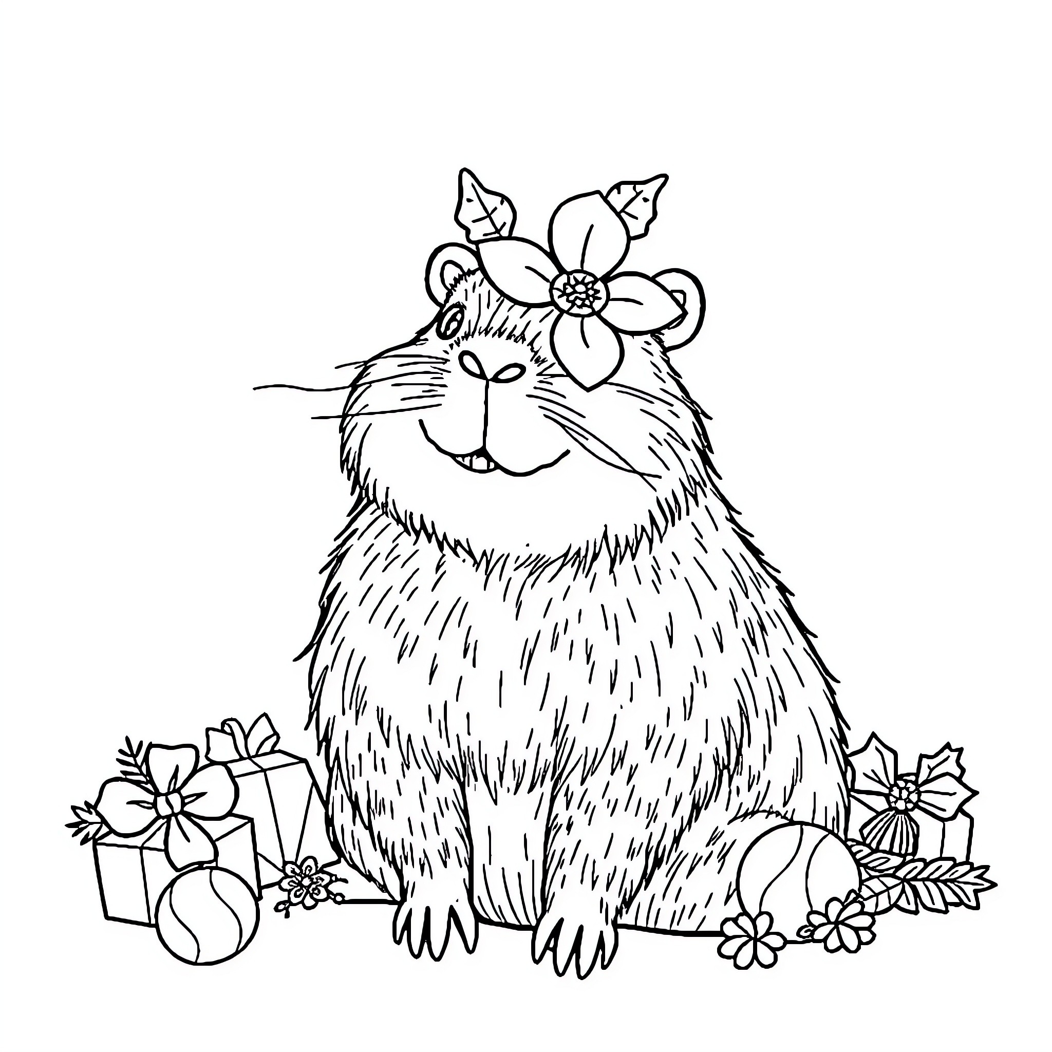 Capybara with floral crown and gifts Coloring Page (free black-and-white line drawing printable PDF for all, from beginners to advanced learners, including children, teens, adults, and seniors)