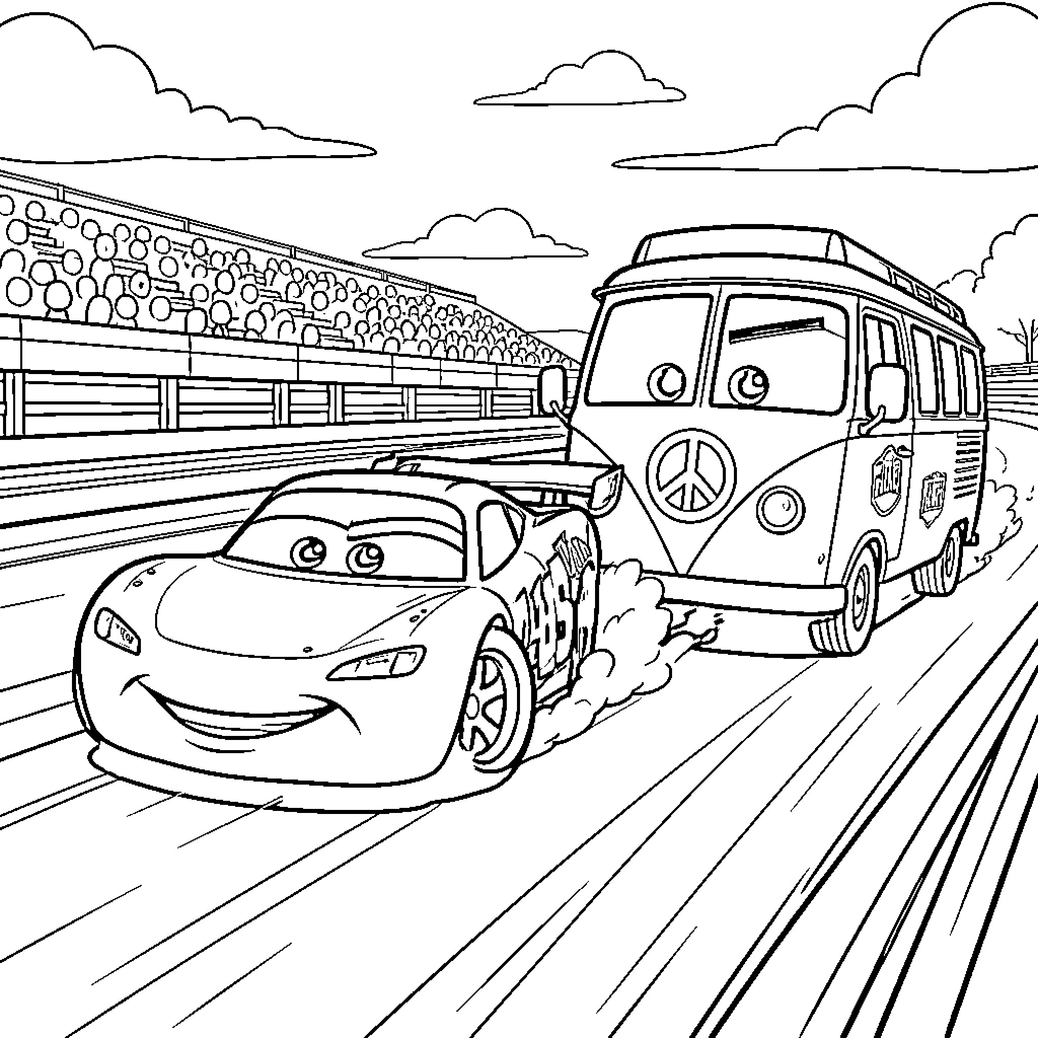 Flash McQueen racing joyfully alongside a vintage van Coloring Page (free black-and-white line drawing printable PDF for all, from beginners to advanced learners, including children, teens, adults, and seniors)