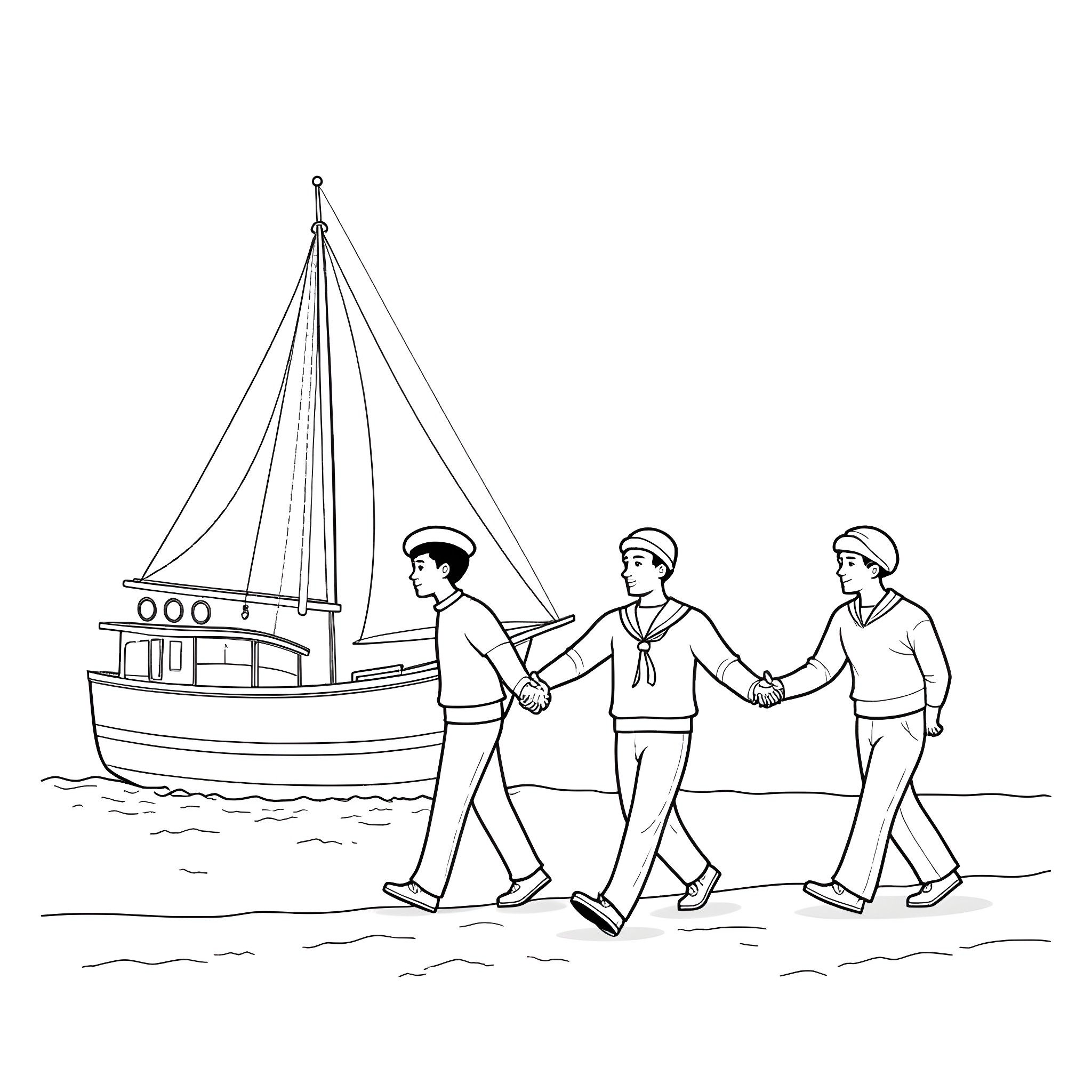 Sailor crew walking by the ship on shore Coloring Page (free black-and-white line drawing printable PDF for all, from beginners to advanced learners, including children, teens, adults, and seniors)