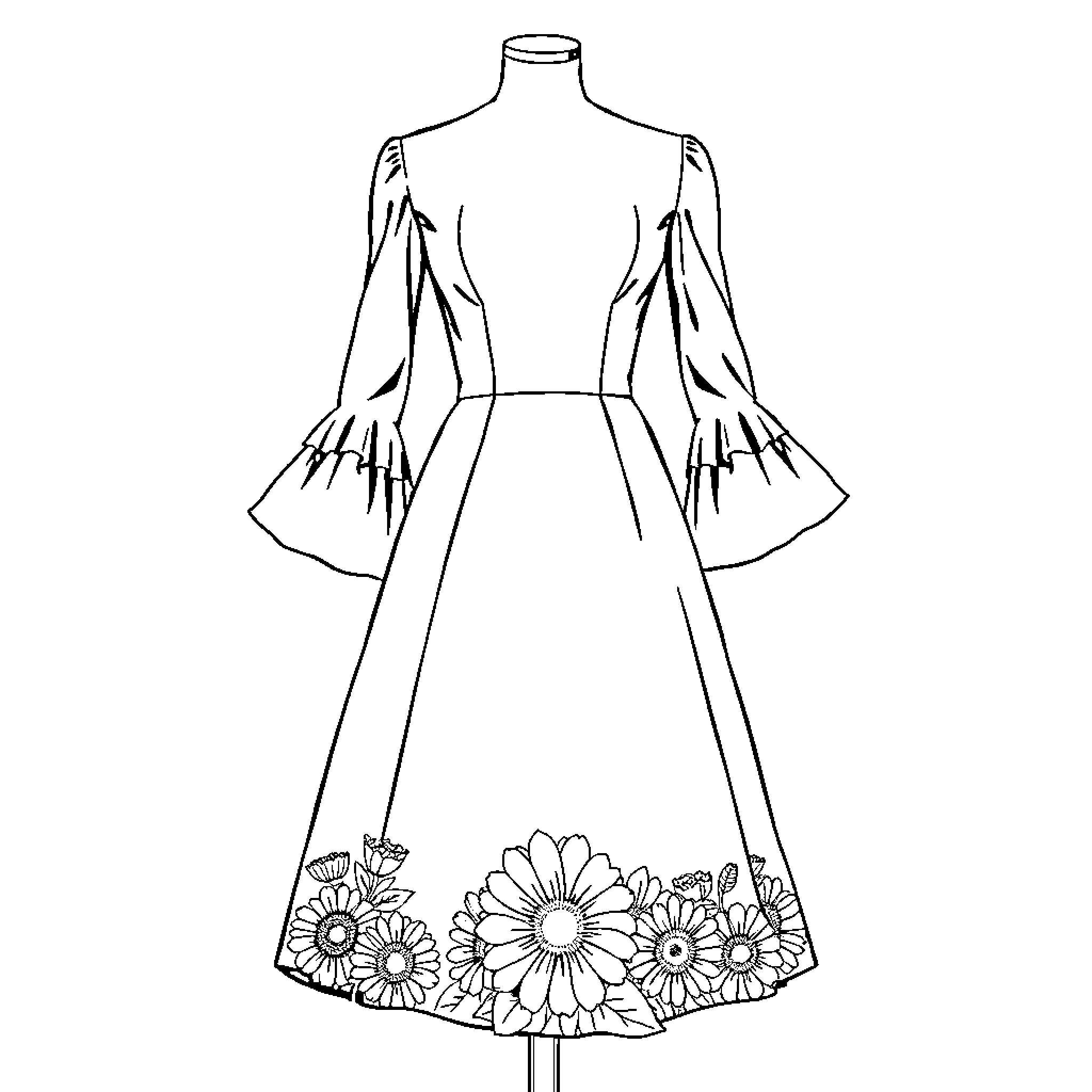 Dress with floral border and bell sleeves Coloring Page (free black-and-white line drawing printable PDF for all, from beginners to advanced learners, including children, teens, adults, and seniors)