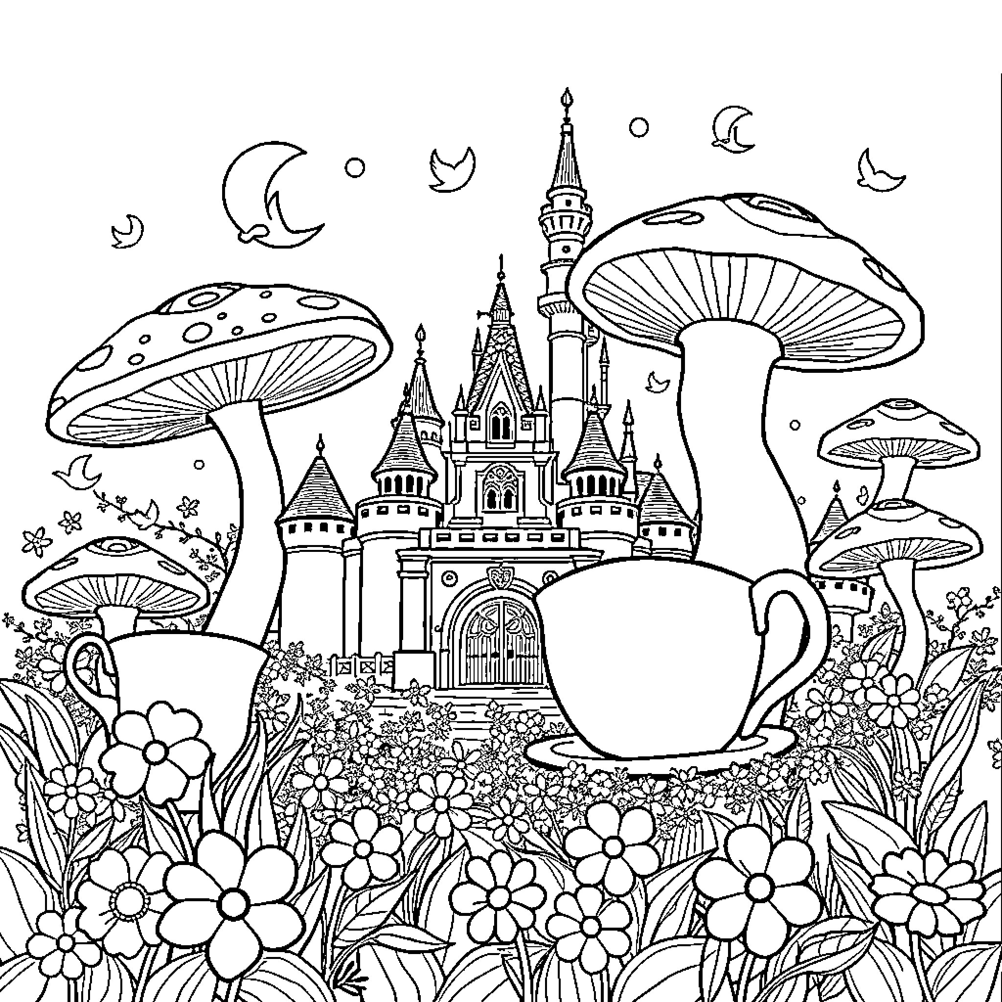 Alice's Enchanted Mushroom Garden Adventure Coloring Page (free black-and-white line drawing printable PDF for all, from beginners to advanced learners, including children, teens, adults, and seniors)