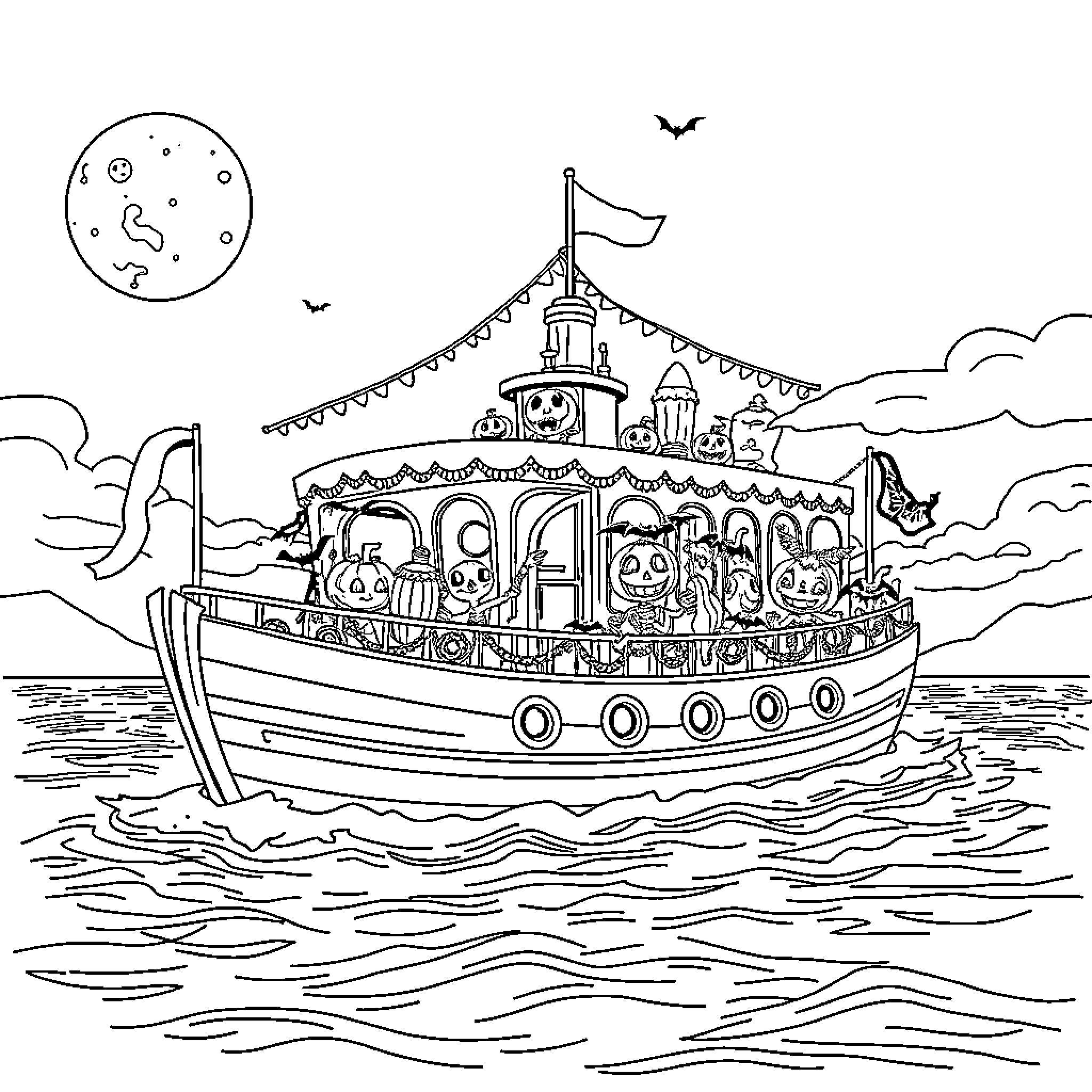 Halloween boat ride with spooky characters Coloring Page (free black-and-white line drawing printable PDF for all, from beginners to advanced learners, including children, teens, adults, and seniors)