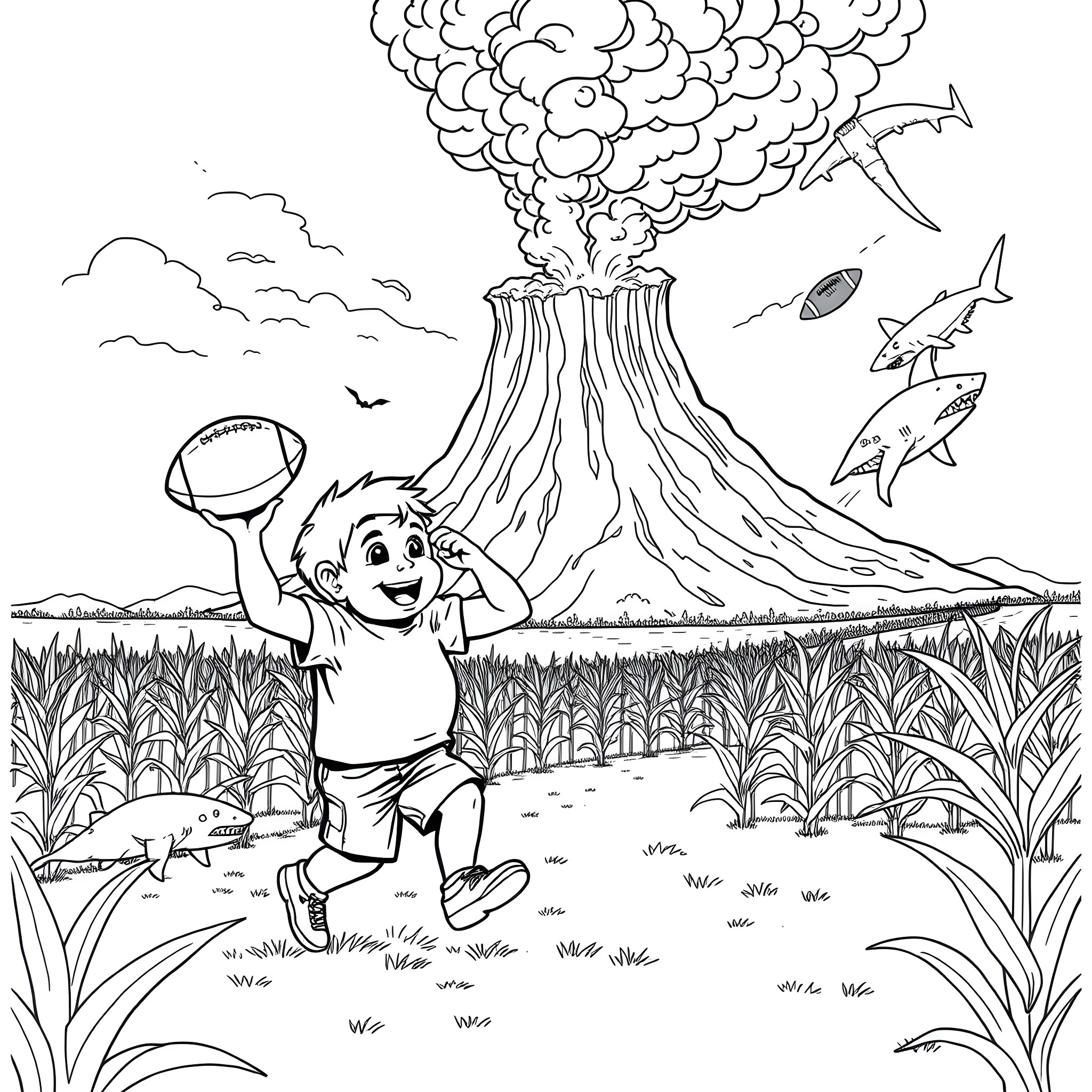 Boy exploring volcanic eruption in the jungle Coloring Page (free black-and-white line drawing printable PDF for all, from beginners to advanced learners, including children, teens, adults, and seniors)