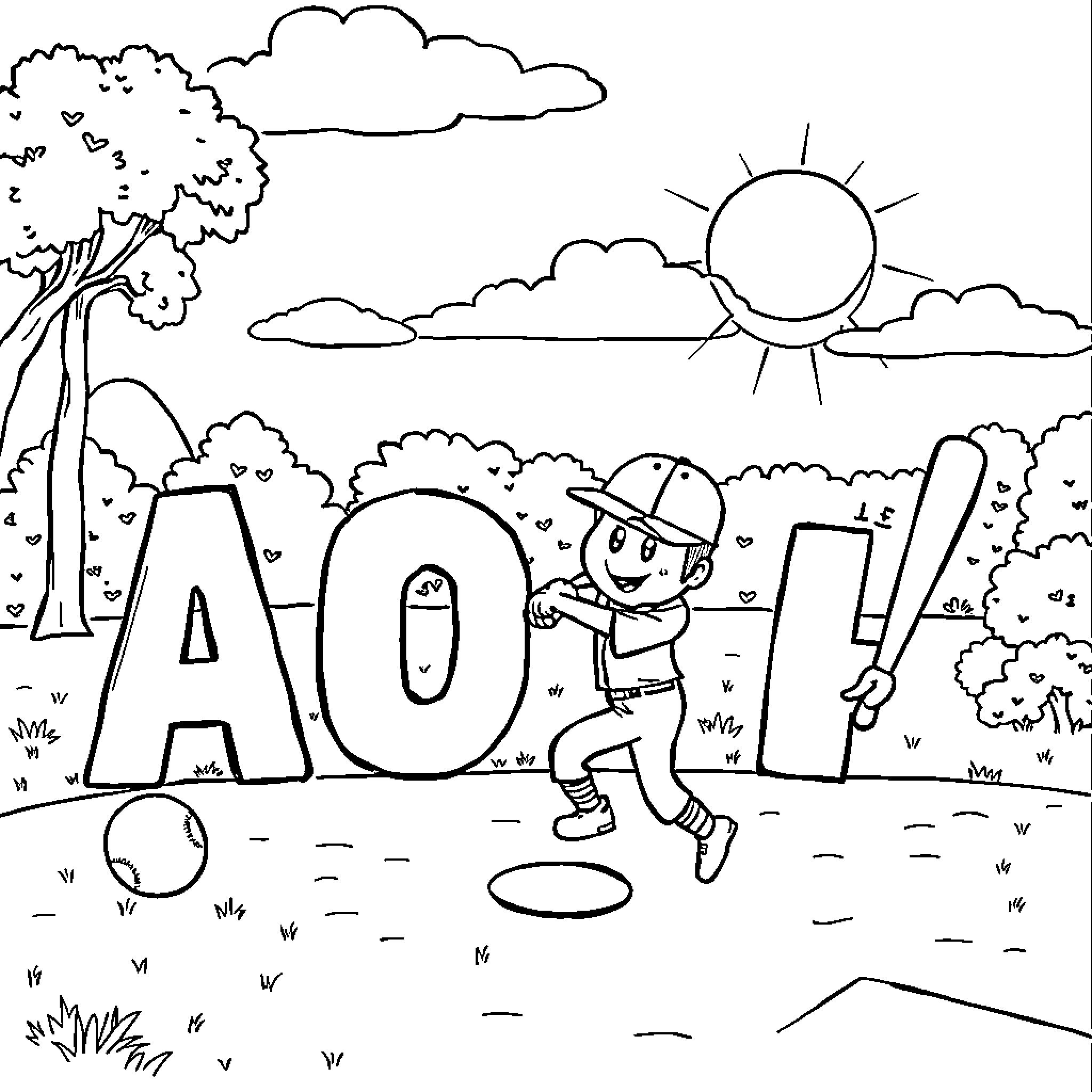 Alphabet Boy Playing in the Outdoors Coloring Page (free black-and-white line drawing printable PDF for all, from beginners to advanced learners, including children, teens, adults, and seniors)