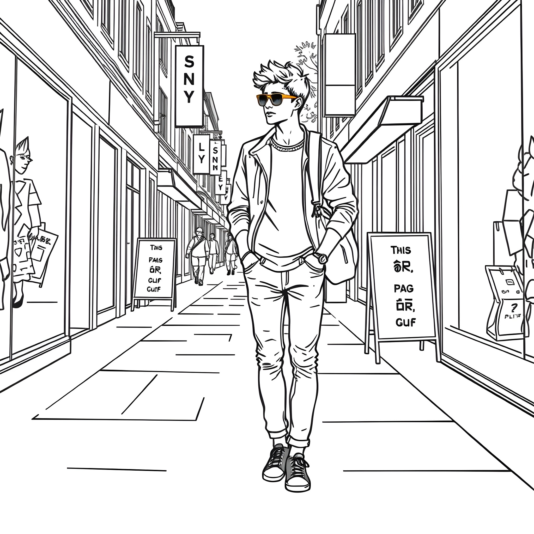 Teen Guy Exploring the City Streets Coloring Page (free black-and-white line drawing printable PDF for all, from beginners to advanced learners, including children, teens, adults, and seniors)