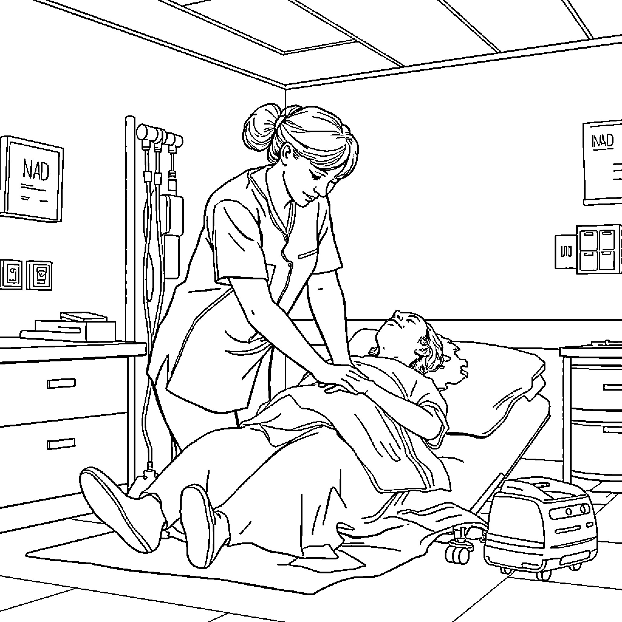 Nurse tending to patient in medical examination room Coloring Page (free black-and-white line drawing printable PDF for all, from beginners to advanced learners, including children, teens, adults, and seniors)