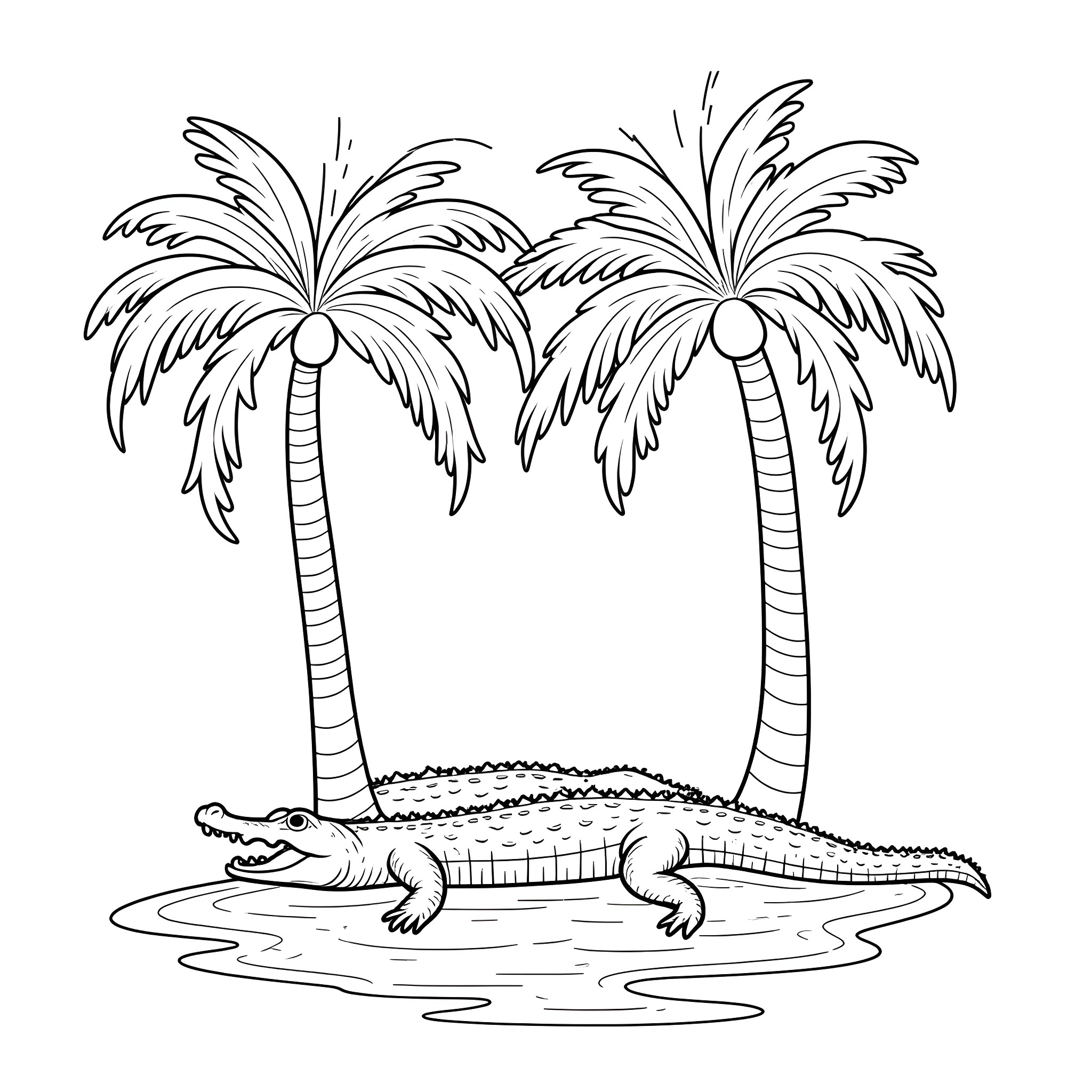 Palm Tree Island with Relaxing Alligator Coloring Page (free black-and-white line drawing printable PDF for all, from beginners to advanced learners, including children, teens, adults, and seniors)
