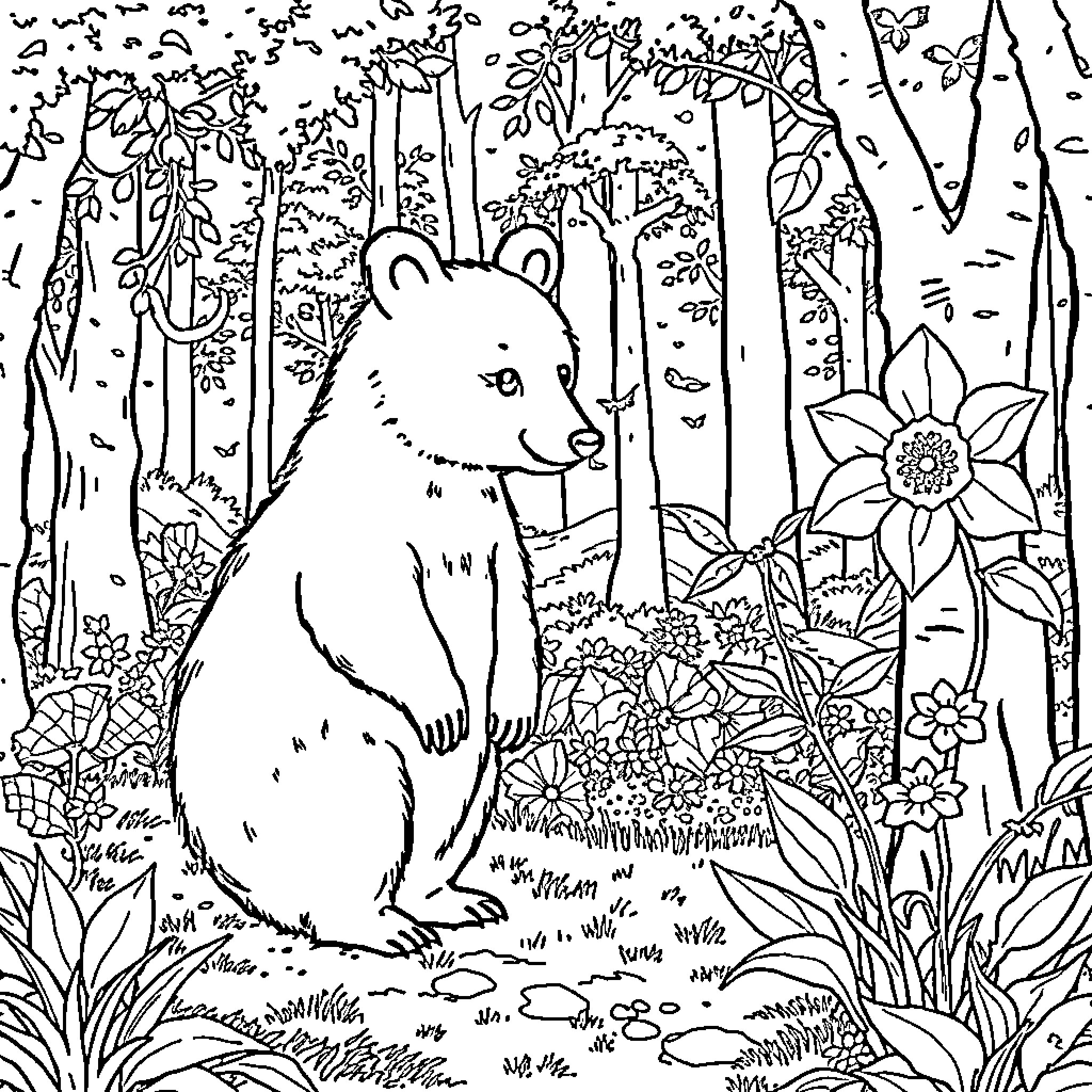 Raccoon in a whimsical forest scene Coloring Page (free black-and-white line drawing printable PDF for all, from beginners to advanced learners, including children, teens, adults, and seniors)