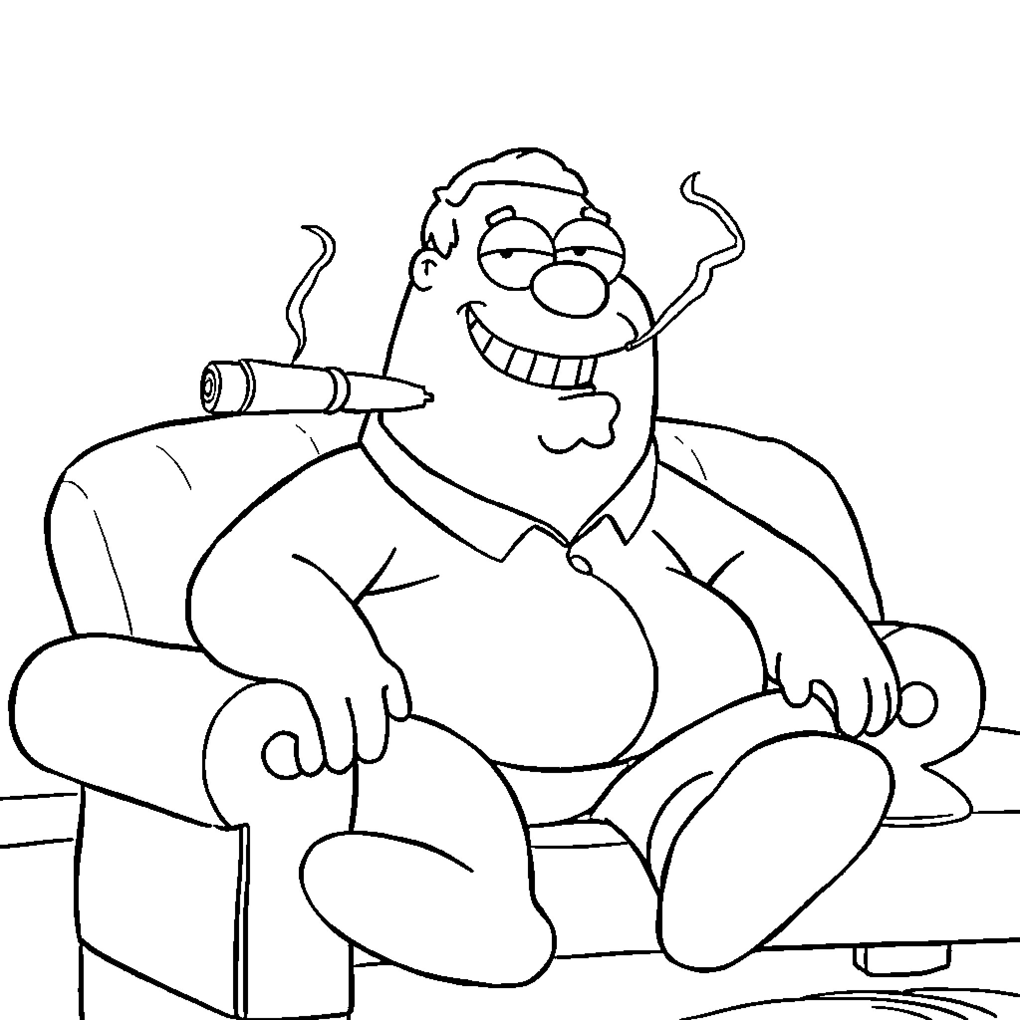 Peter Griffin lounging and smoking a cigar Coloring Page (free black-and-white line drawing printable PDF for all, from beginners to advanced learners, including children, teens, adults, and seniors)