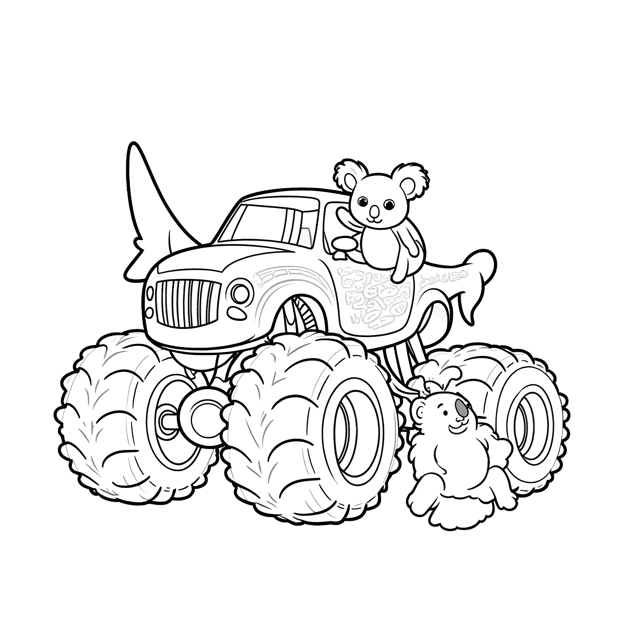 Tiger Shark Monster Truck Riding with Koalas Coloring Page (free black-and-white line drawing printable PDF for all, from beginners to advanced learners, including children, teens, adults, and seniors)
