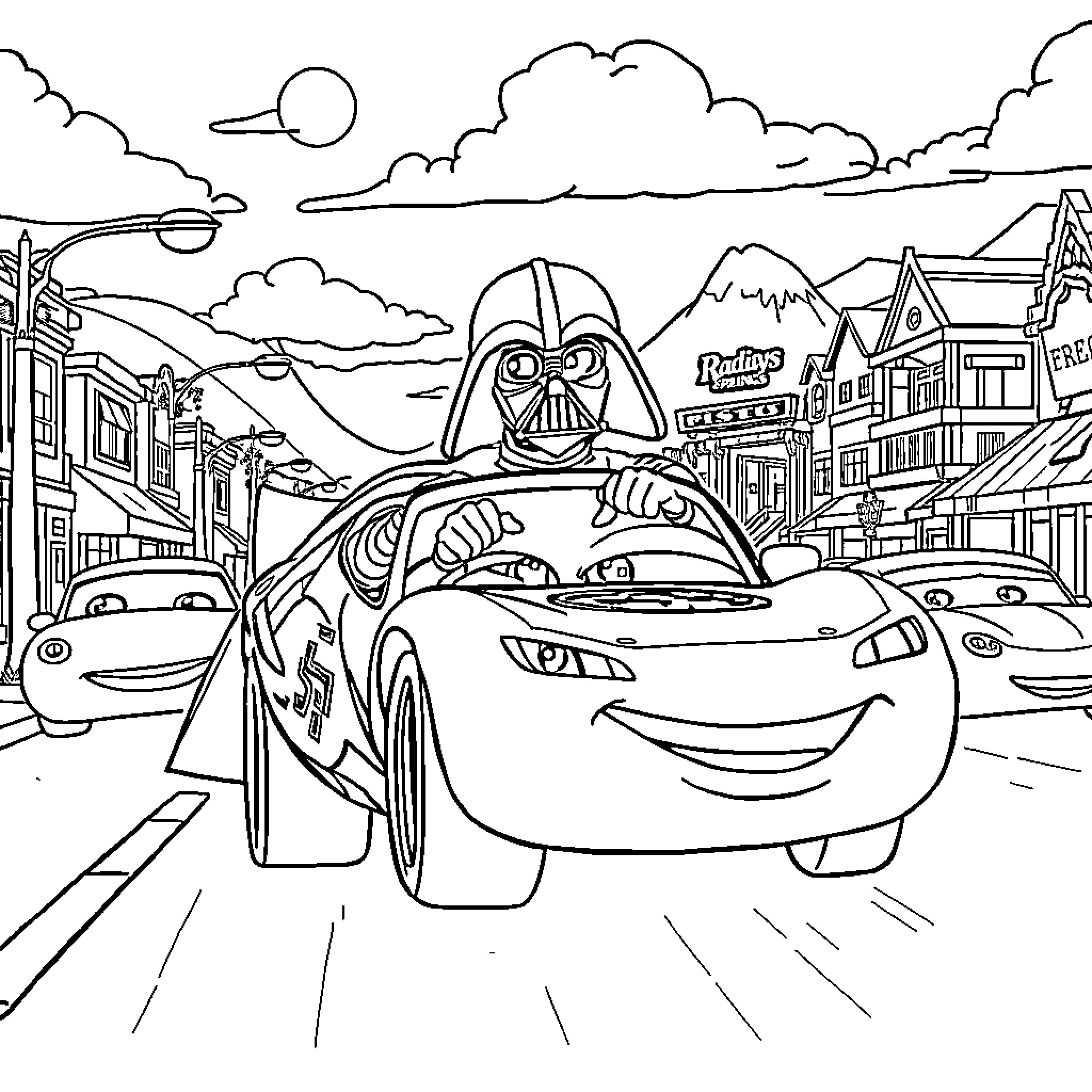 Darth Vader drives Lightning McQueen through the city Coloring Page (free black-and-white line drawing printable PDF for all, from beginners to advanced learners, including children, teens, adults, and seniors)