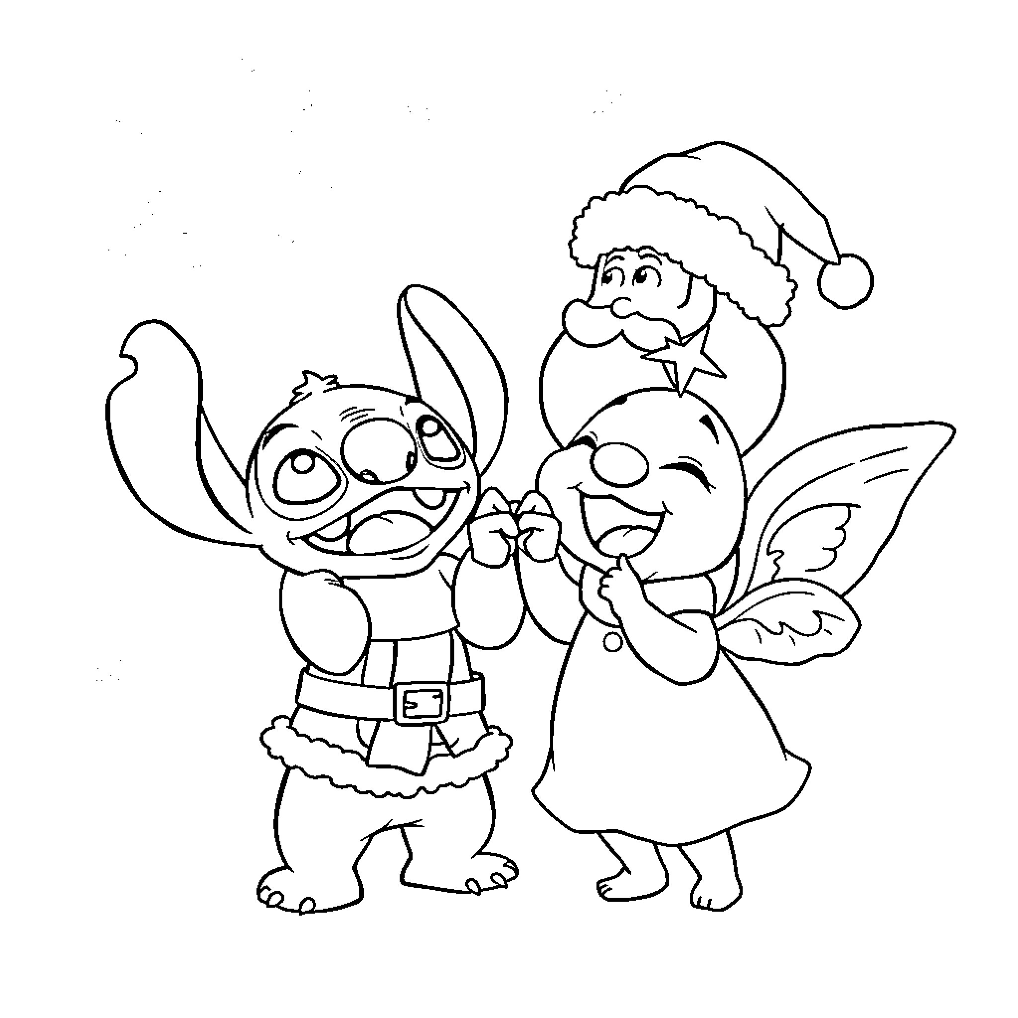Stitch and Angel Celebrating Christmas Together Coloring Page (free black-and-white line drawing printable PDF for all, from beginners to advanced learners, including children, teens, adults, and seniors)