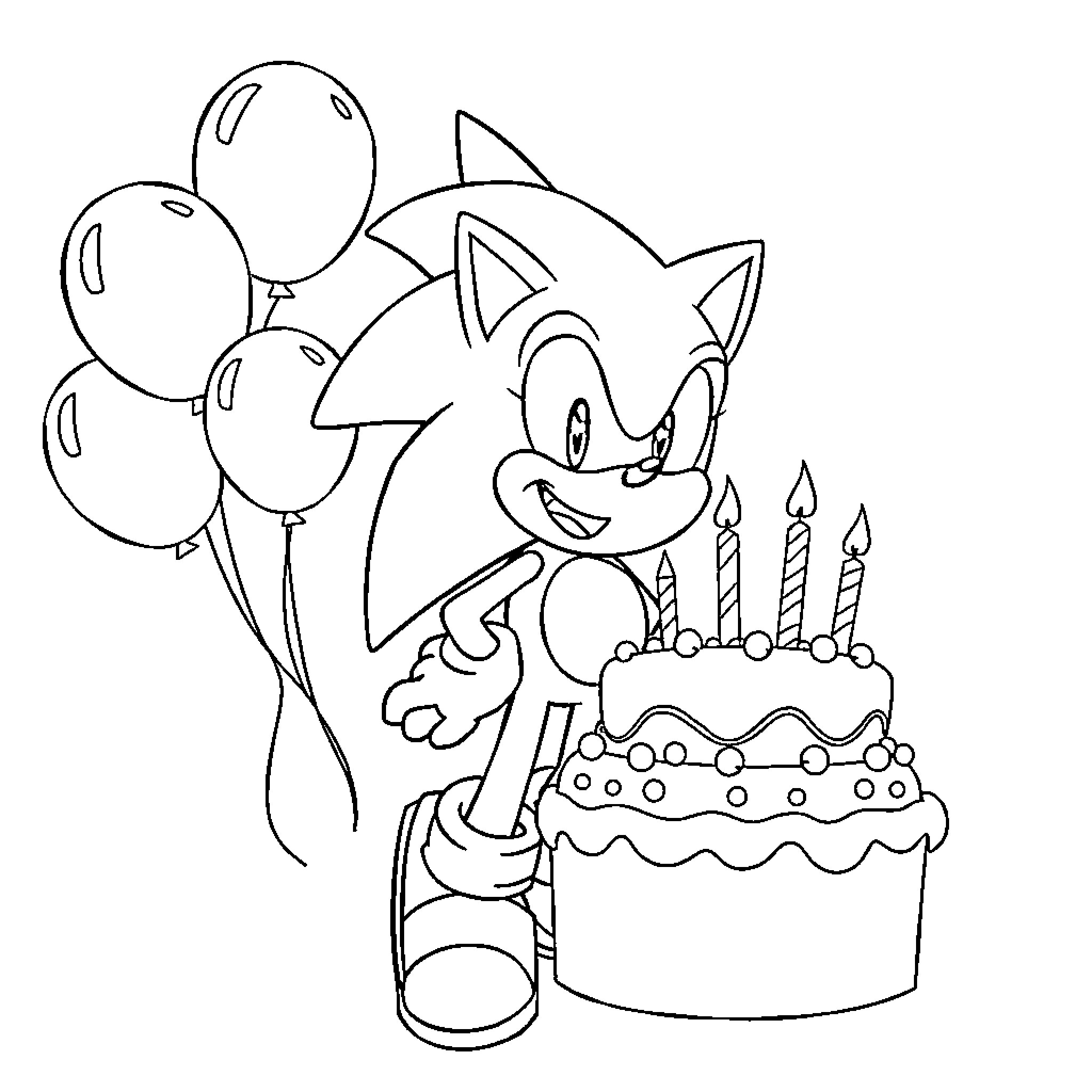 Sonic celebrates with cake and balloons Coloring Page (free black-and-white line drawing printable PDF for all, from beginners to advanced learners, including children, teens, adults, and seniors)