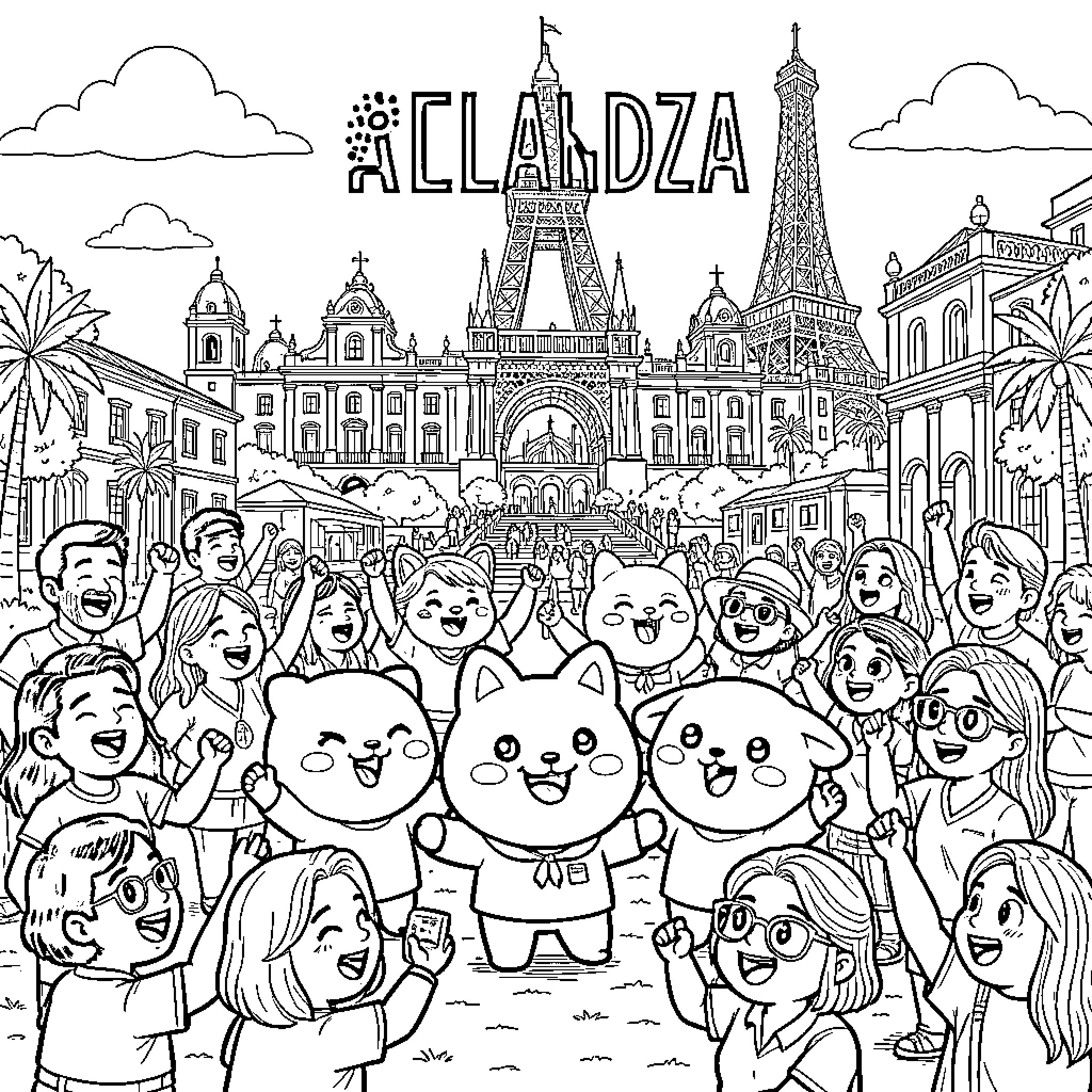 BT21 characters cheering with a happy group of people Coloring Page (free black-and-white line drawing printable PDF for all, from beginners to advanced learners, including children, teens, adults, and seniors)