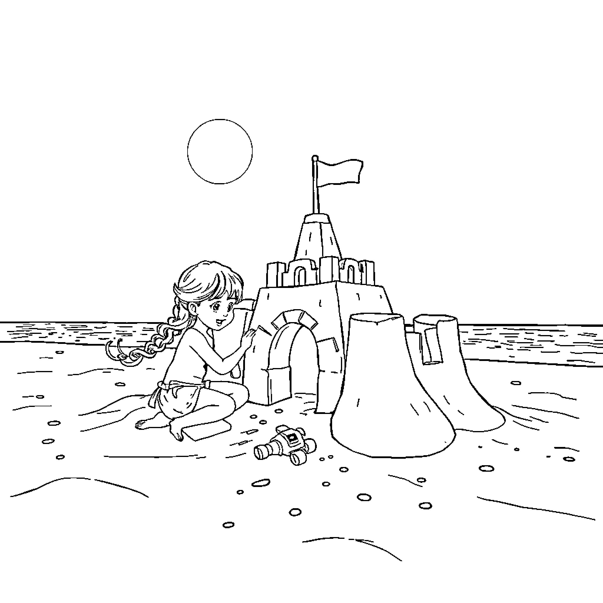 Niño building a sandcastle on the beach Coloring Page (free black-and-white line drawing printable PDF for all, from beginners to advanced learners, including children, teens, adults, and seniors)