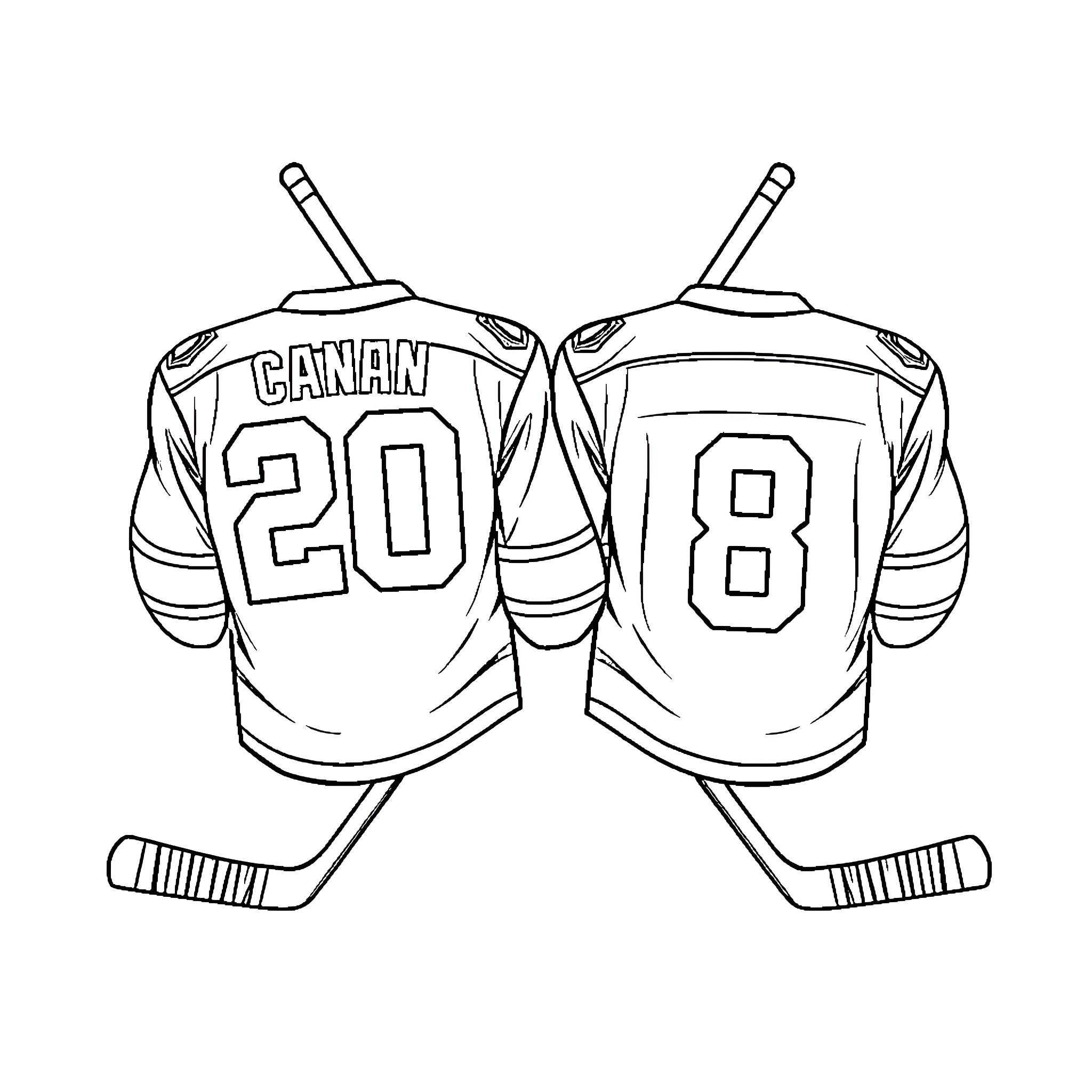 Hockey Jersey with Player Numbers Coloring Page (free black-and-white line drawing printable PDF for all, from beginners to advanced learners, including children, teens, adults, and seniors)
