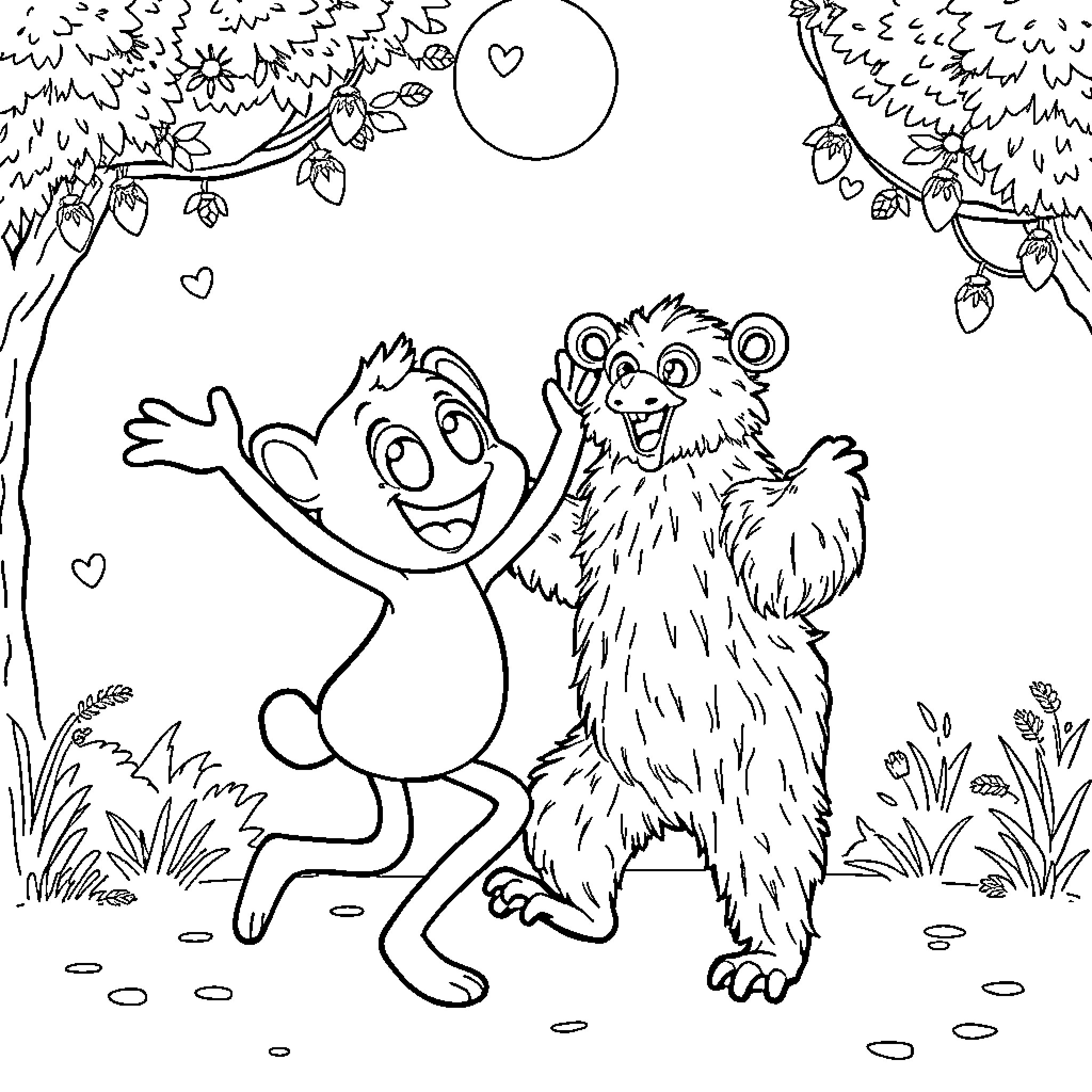 Bluey playing joyfully with furry friend in nature Coloring Page (free black-and-white line drawing printable PDF for all, from beginners to advanced learners, including children, teens, adults, and seniors)