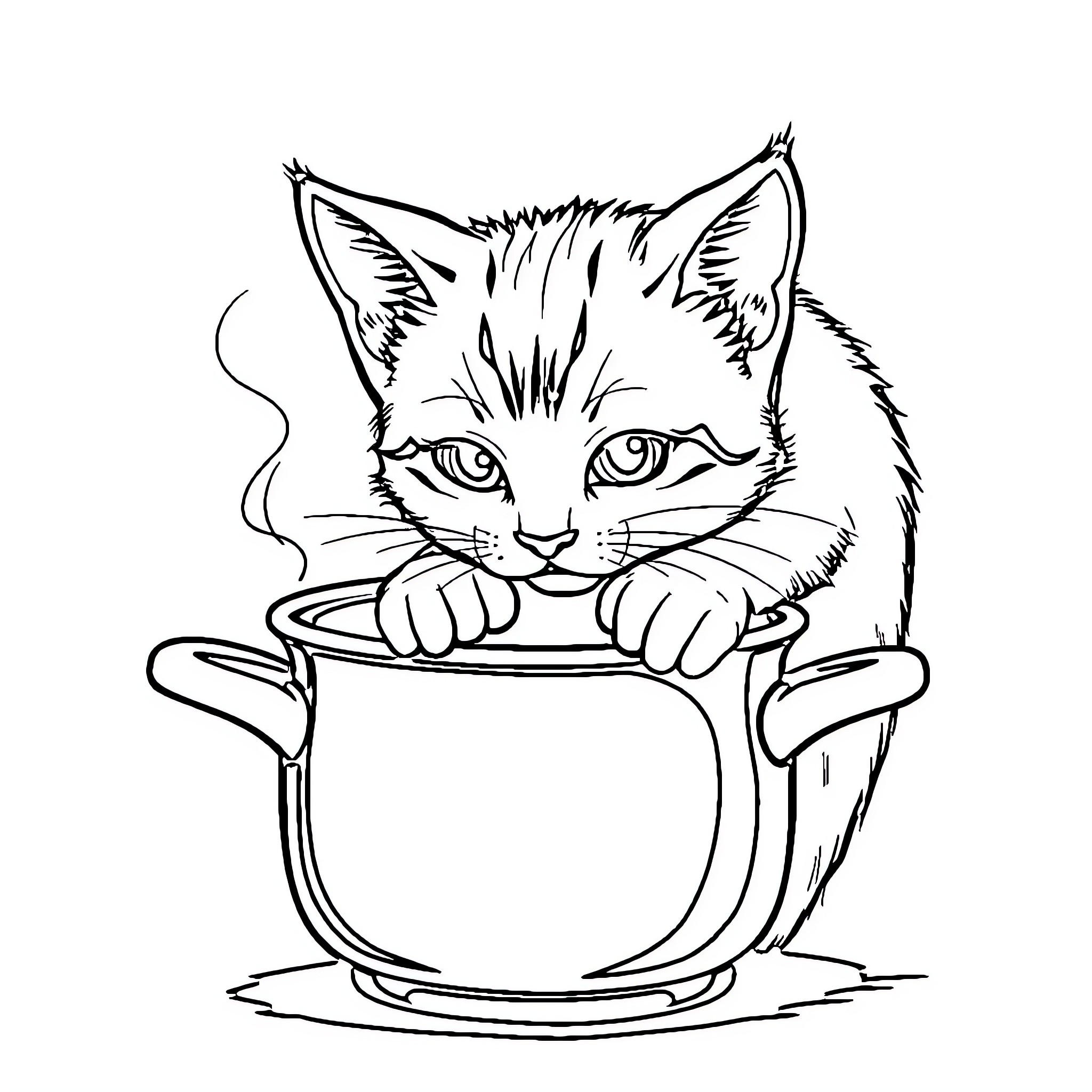 Cat peeking out from a cup Coloring Page (free black-and-white line drawing printable PDF for all, from beginners to advanced learners, including children, teens, adults, and seniors)