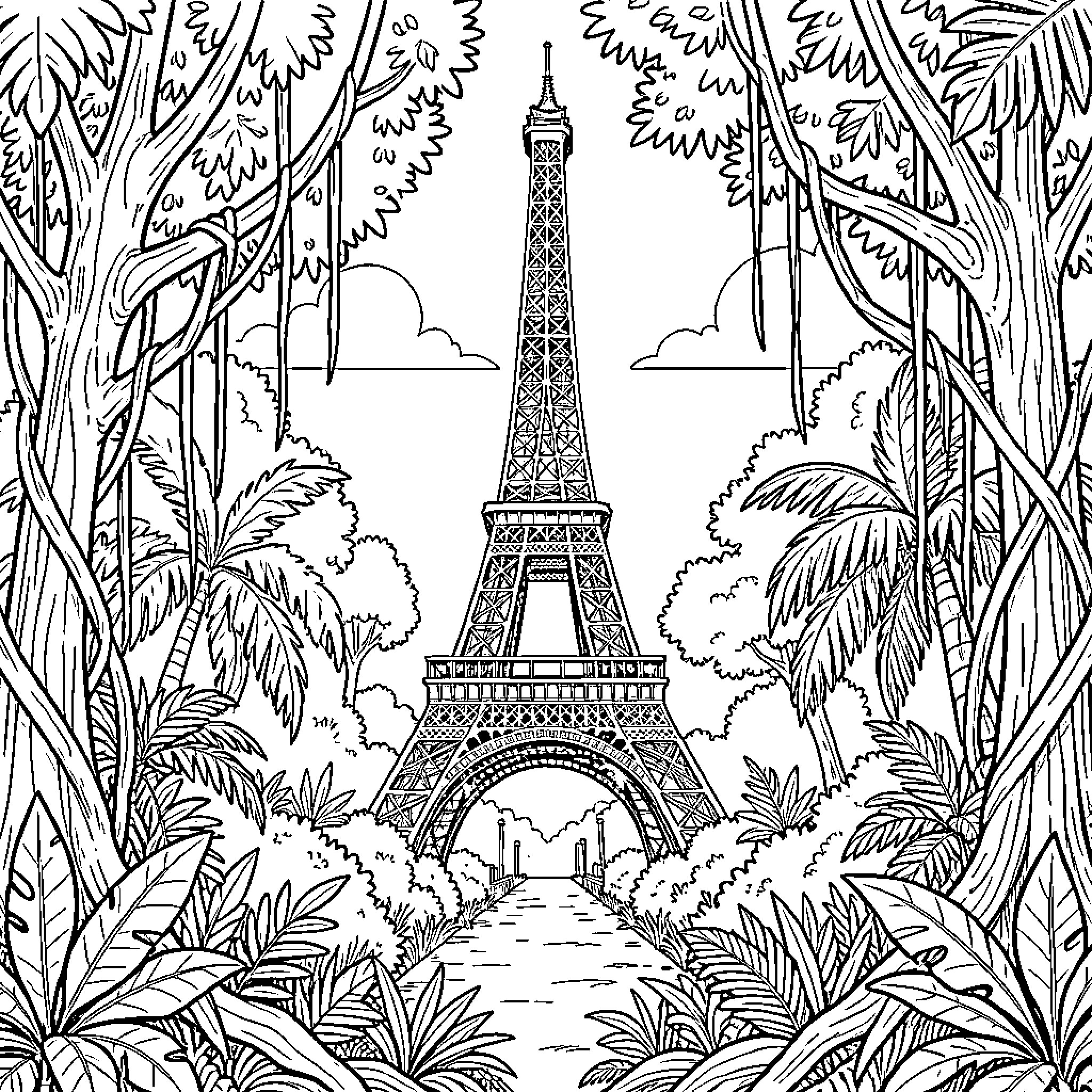 Eiffel Tower standing amidst a lush tropical jungle Coloring Page (free black-and-white line drawing printable PDF for all, from beginners to advanced learners, including children, teens, adults, and seniors)