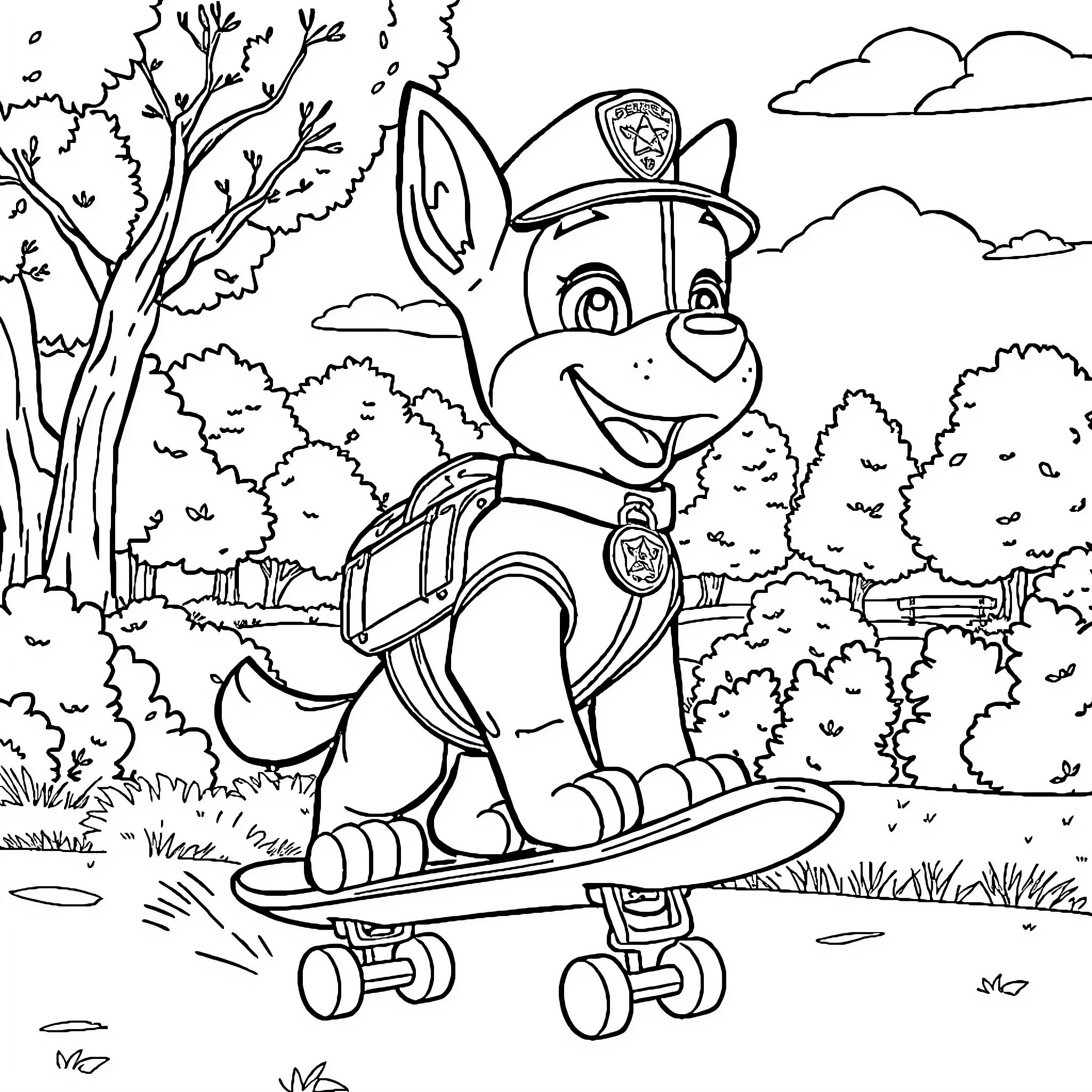 Chase the Pup's Adventure on the Skateboard Coloring Page (free black-and-white line drawing printable PDF for all, from beginners to advanced learners, including children, teens, adults, and seniors)