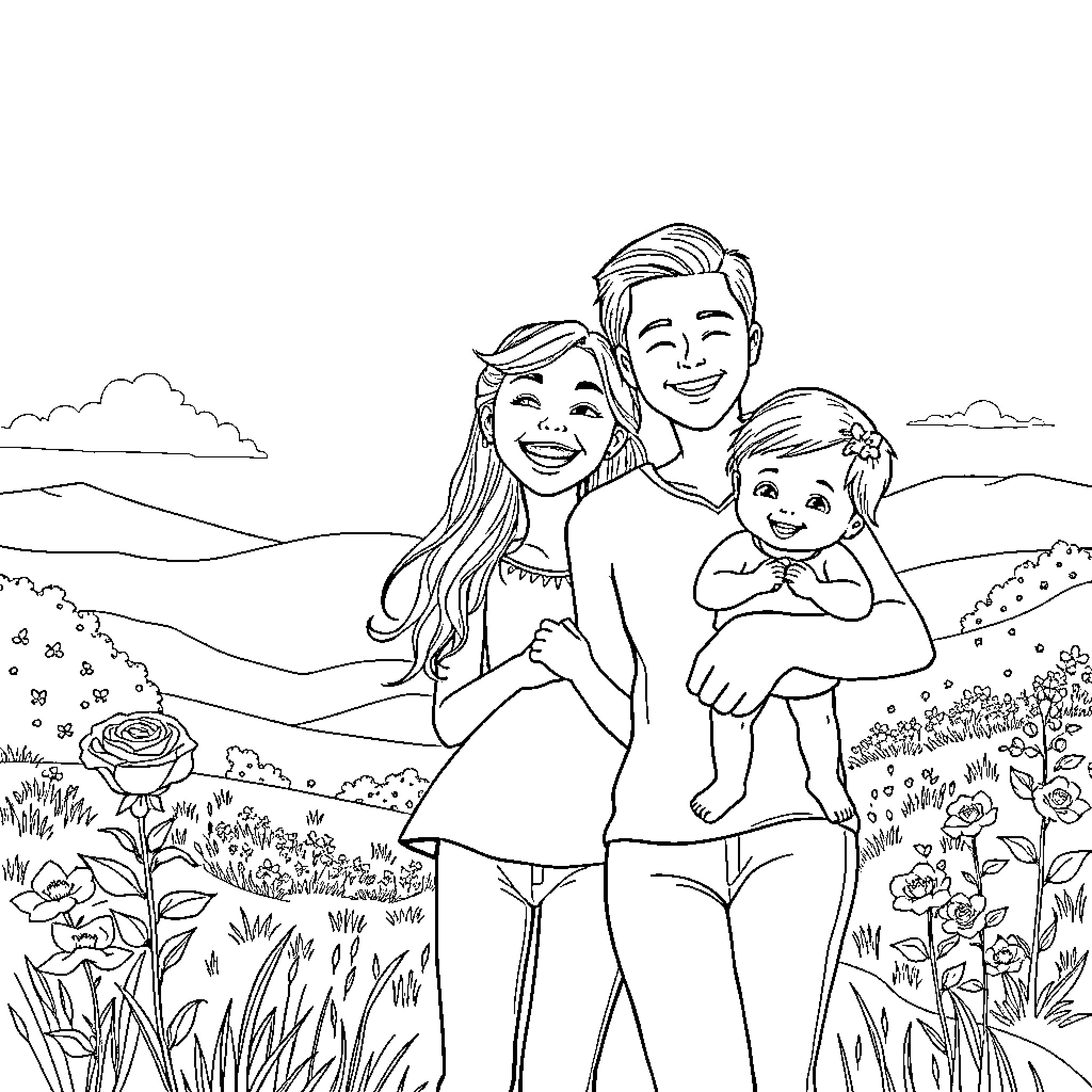Family enjoying outdoor recreation together Coloring Page (free black-and-white line drawing printable PDF for all, from beginners to advanced learners, including children, teens, adults, and seniors)