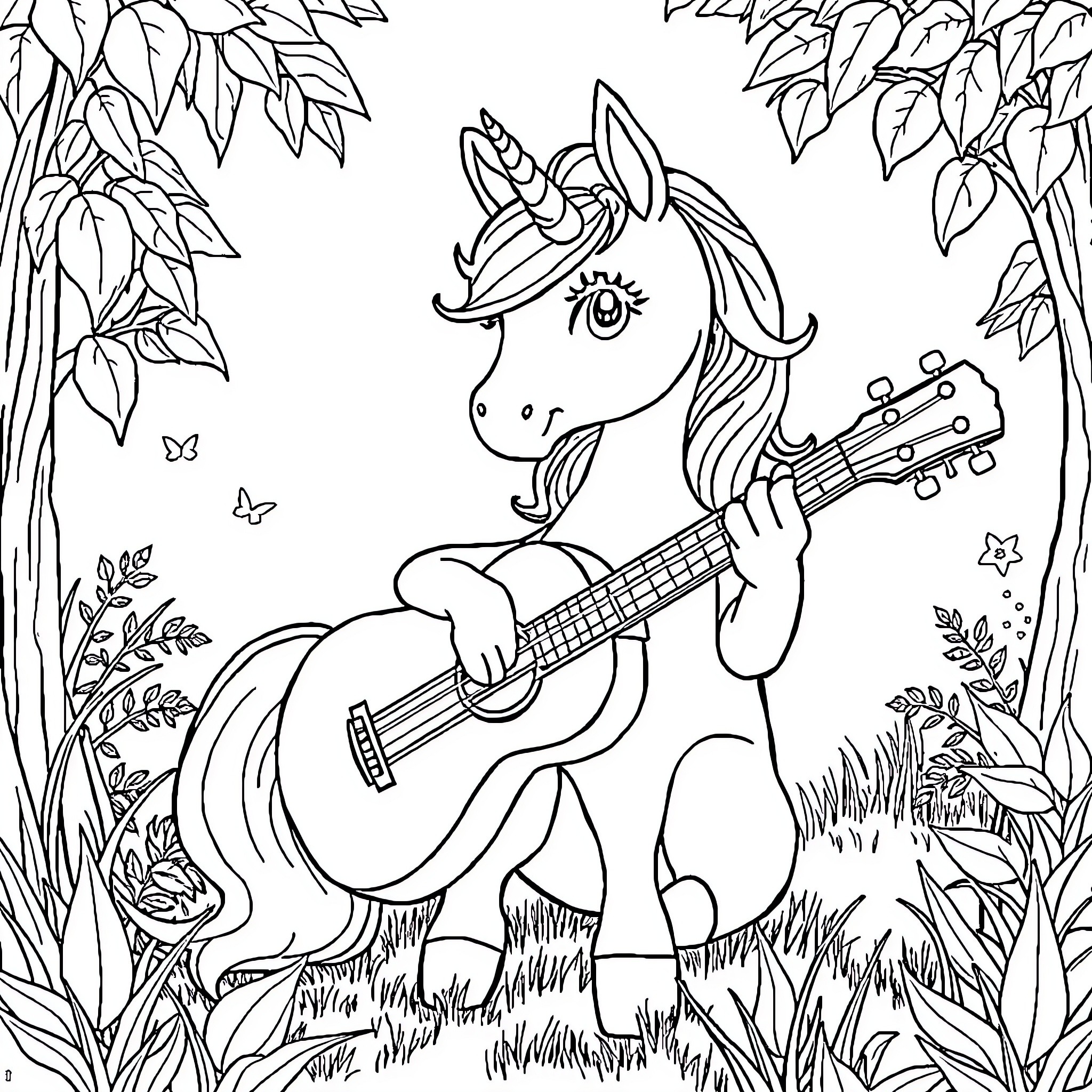 Unicorn Playing Serene Guitar in Enchanted Forest Coloring Page (free black-and-white line drawing printable PDF for all, from beginners to advanced learners, including children, teens, adults, and seniors)