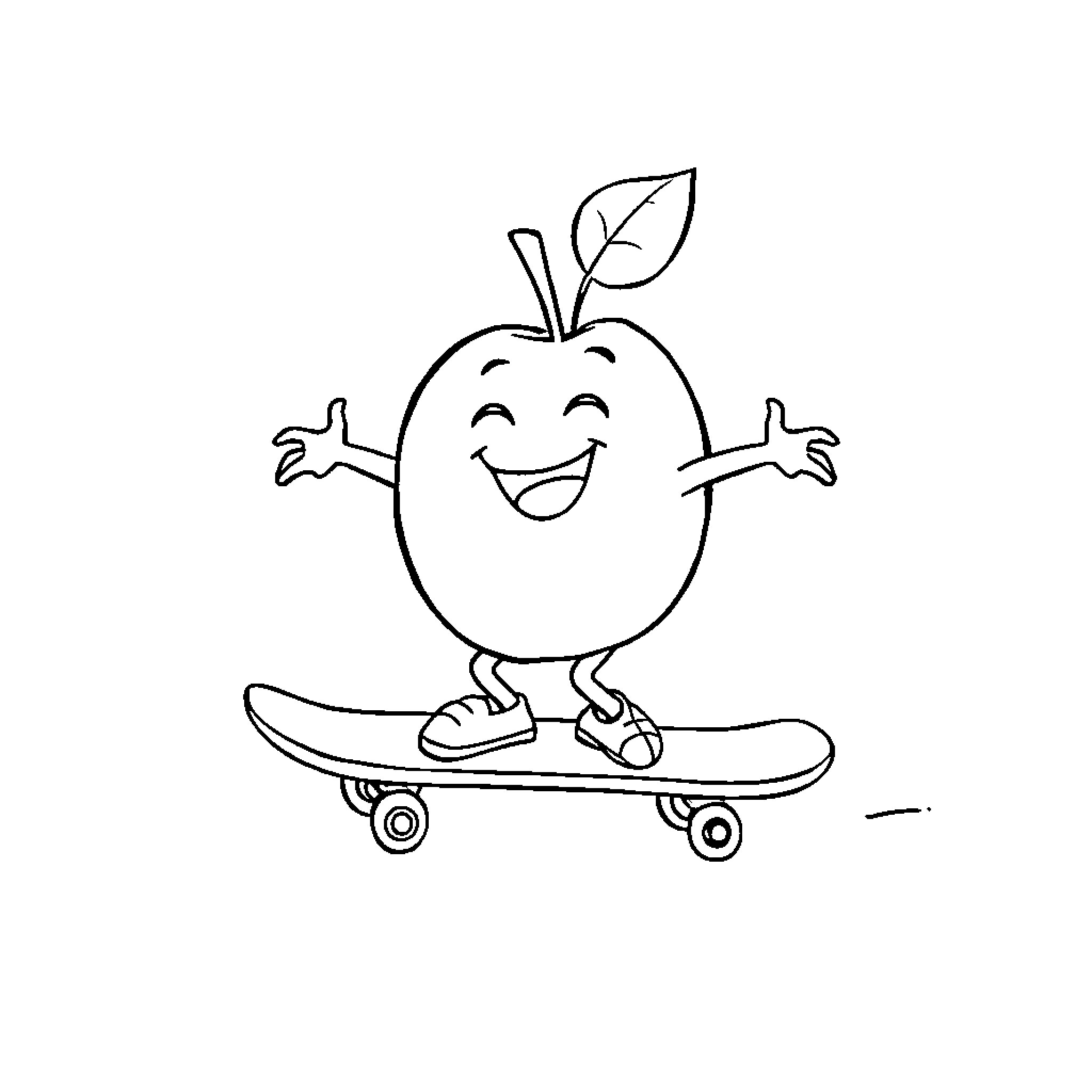 Apple riding a skateboard happily Coloring Page (free black-and-white line drawing printable PDF for all, from beginners to advanced learners, including children, teens, adults, and seniors)