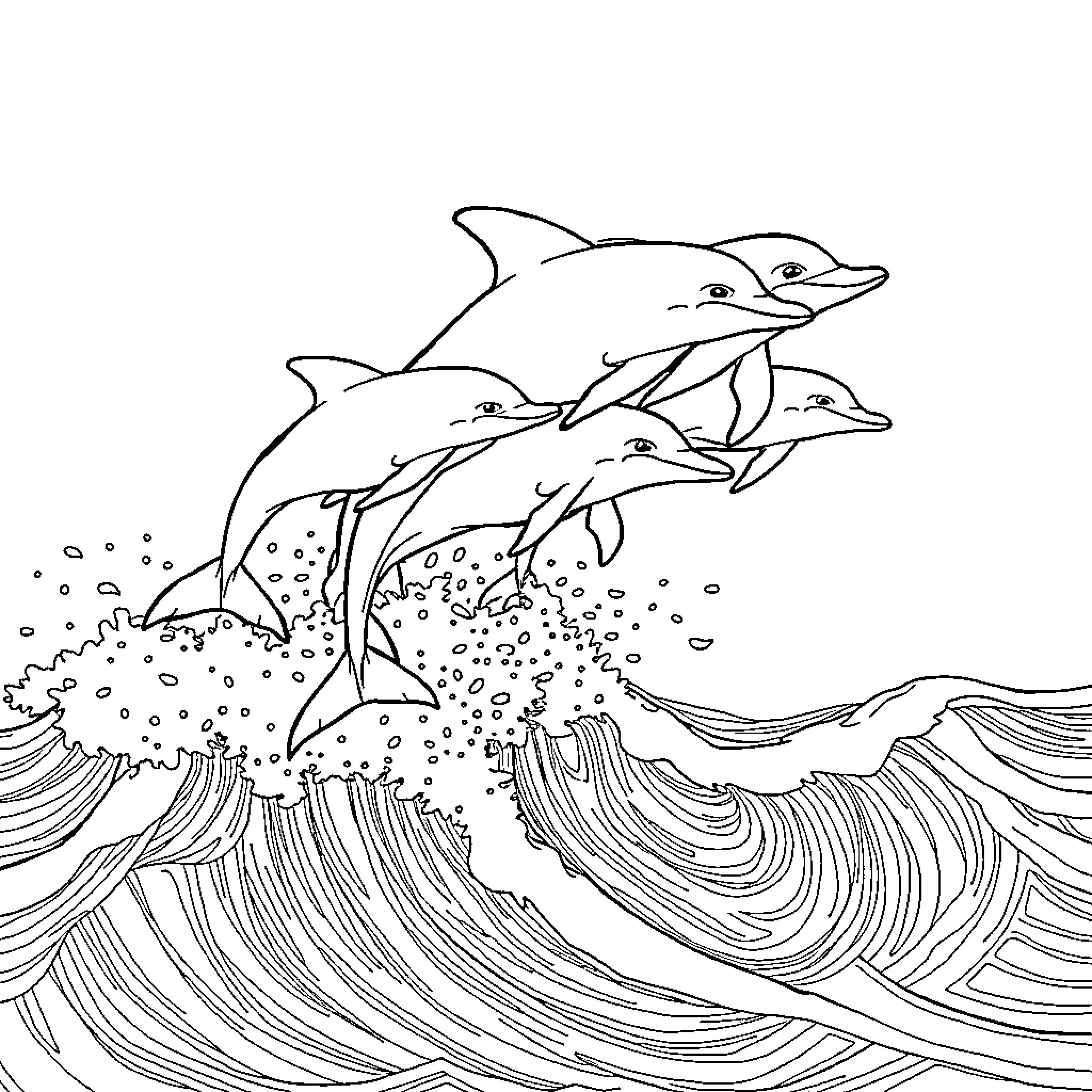Dolphin Family Leaping Through Ocean Waves Coloring Page (free black-and-white line drawing printable PDF for all, from beginners to advanced learners, including children, teens, adults, and seniors)