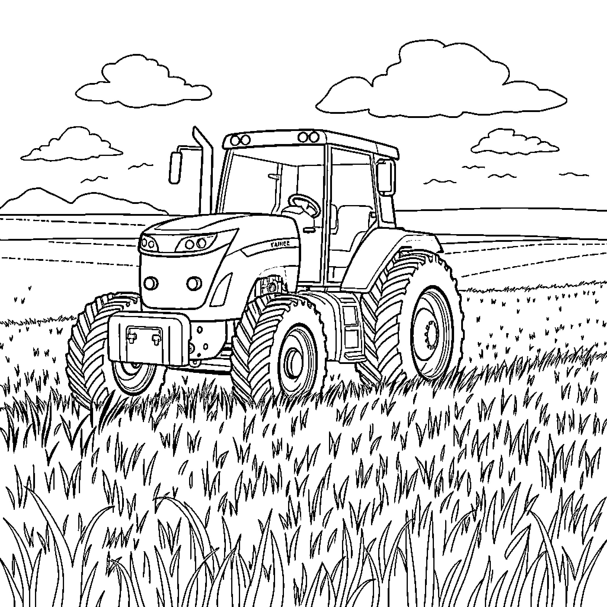 Tractor plowing through grassy field under cloudy sky Coloring Page (free black-and-white line drawing printable PDF for all, from beginners to advanced learners, including children, teens, adults, and seniors)