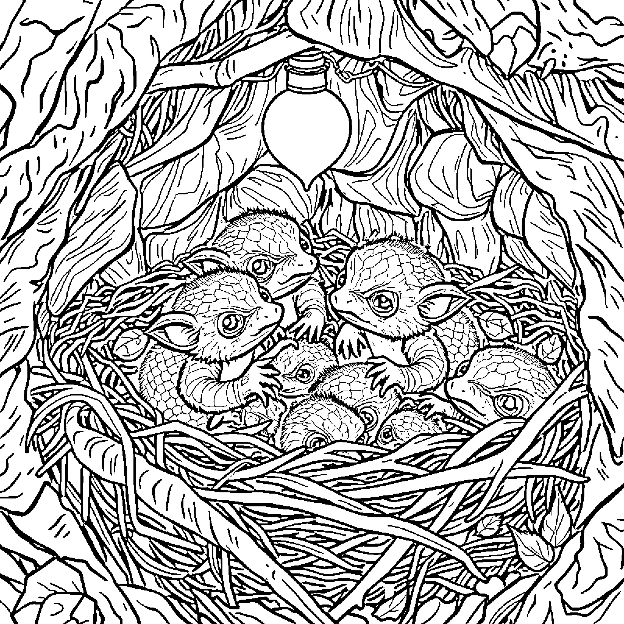 Kobolds hiding in a mysterious forest nest Coloring Page (free black-and-white line drawing printable PDF for all, from beginners to advanced learners, including children, teens, adults, and seniors)