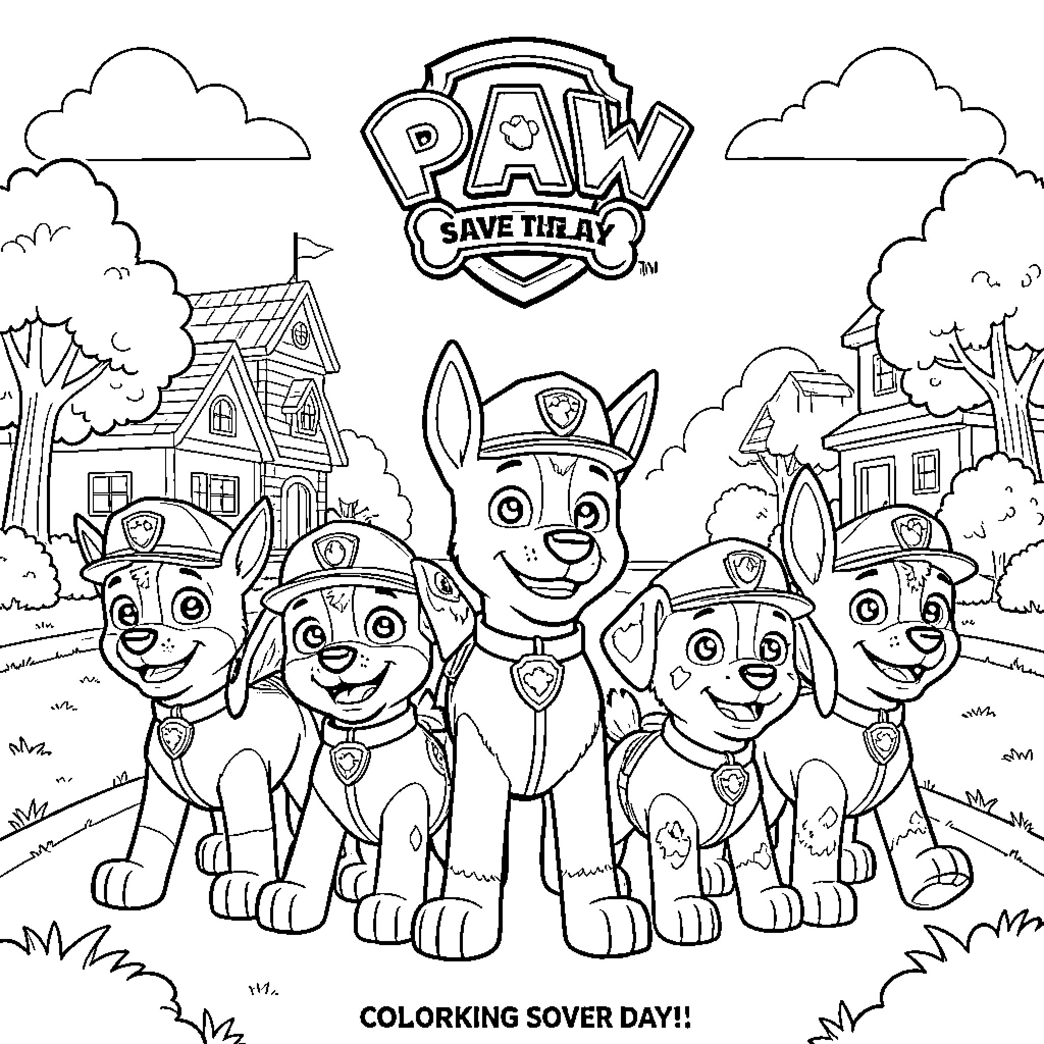 Paw Patrol pups posing together in Adventure Bay Coloring Page (free black-and-white line drawing printable PDF for all, from beginners to advanced learners, including children, teens, adults, and seniors)