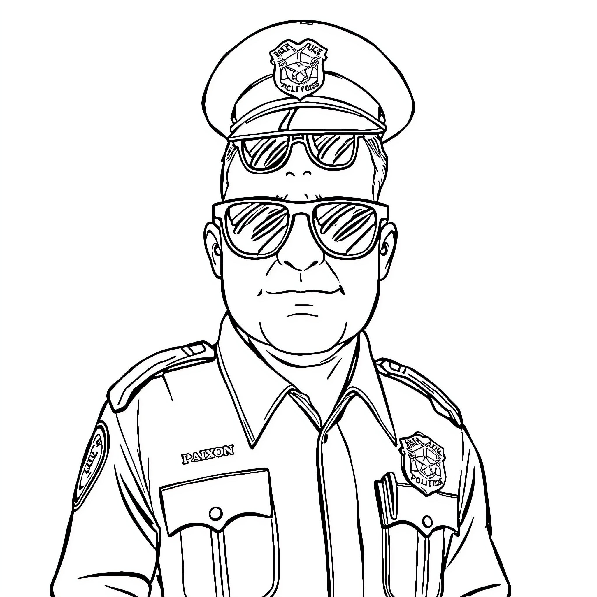 Police Officer in Uniform and Sunglasses Coloring Page (free black-and-white line drawing printable PDF for all, from beginners to advanced learners, including children, teens, adults, and seniors)