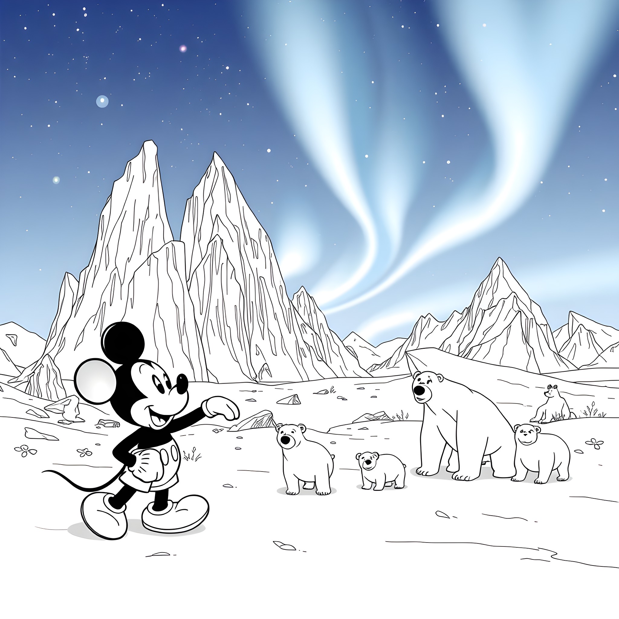 Mickey Mouse exploring the arctic with polar bears Coloring Page (free black-and-white line drawing printable PDF for all, from beginners to advanced learners, including children, teens, adults, and seniors)