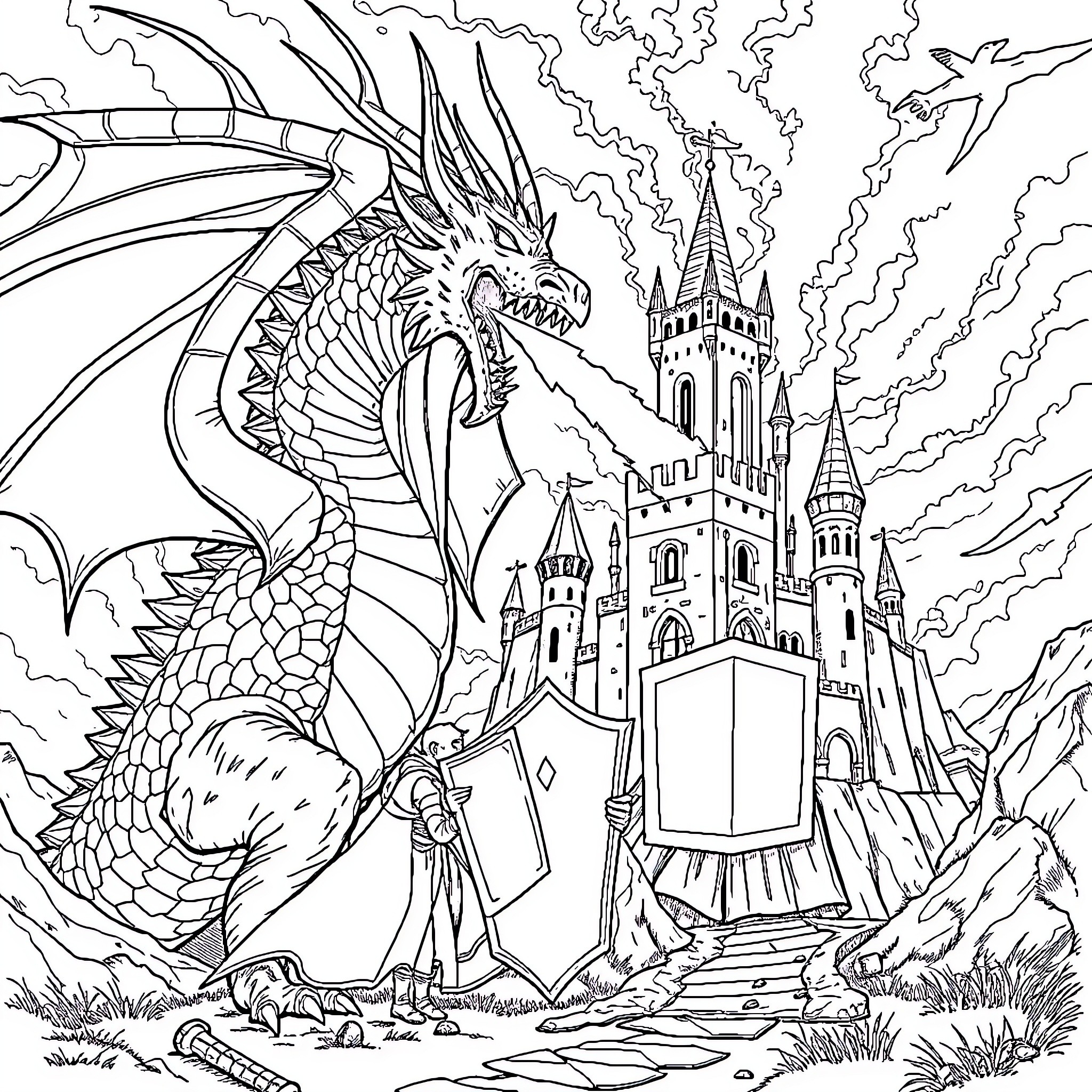 Dragon guarding a majestic castle on a mountain Coloring Page (free black-and-white line drawing printable PDF for all, from beginners to advanced learners, including children, teens, adults, and seniors)