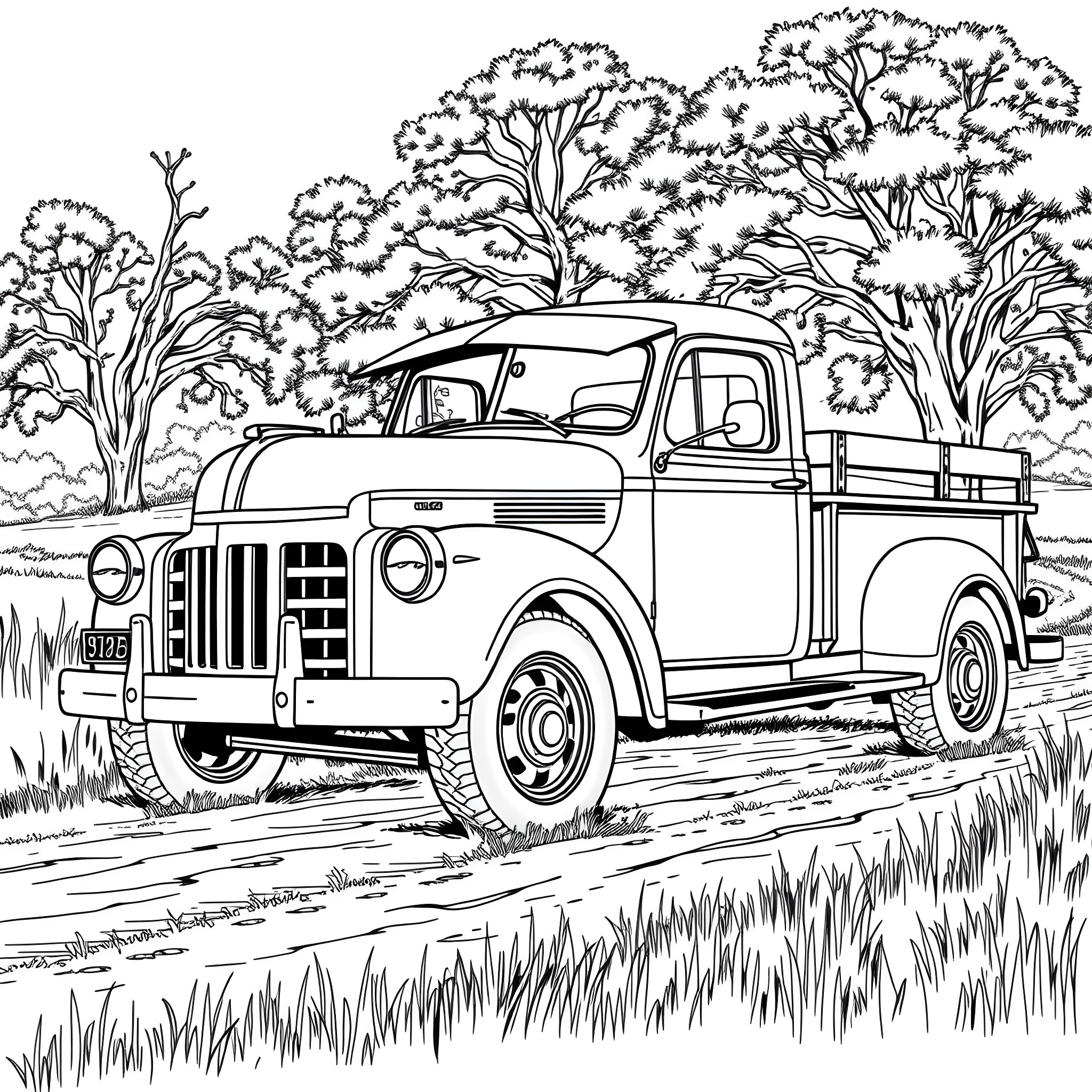 Truck in the countryside with trees Coloring Page (free black-and-white line drawing printable PDF for all, from beginners to advanced learners, including children, teens, adults, and seniors)