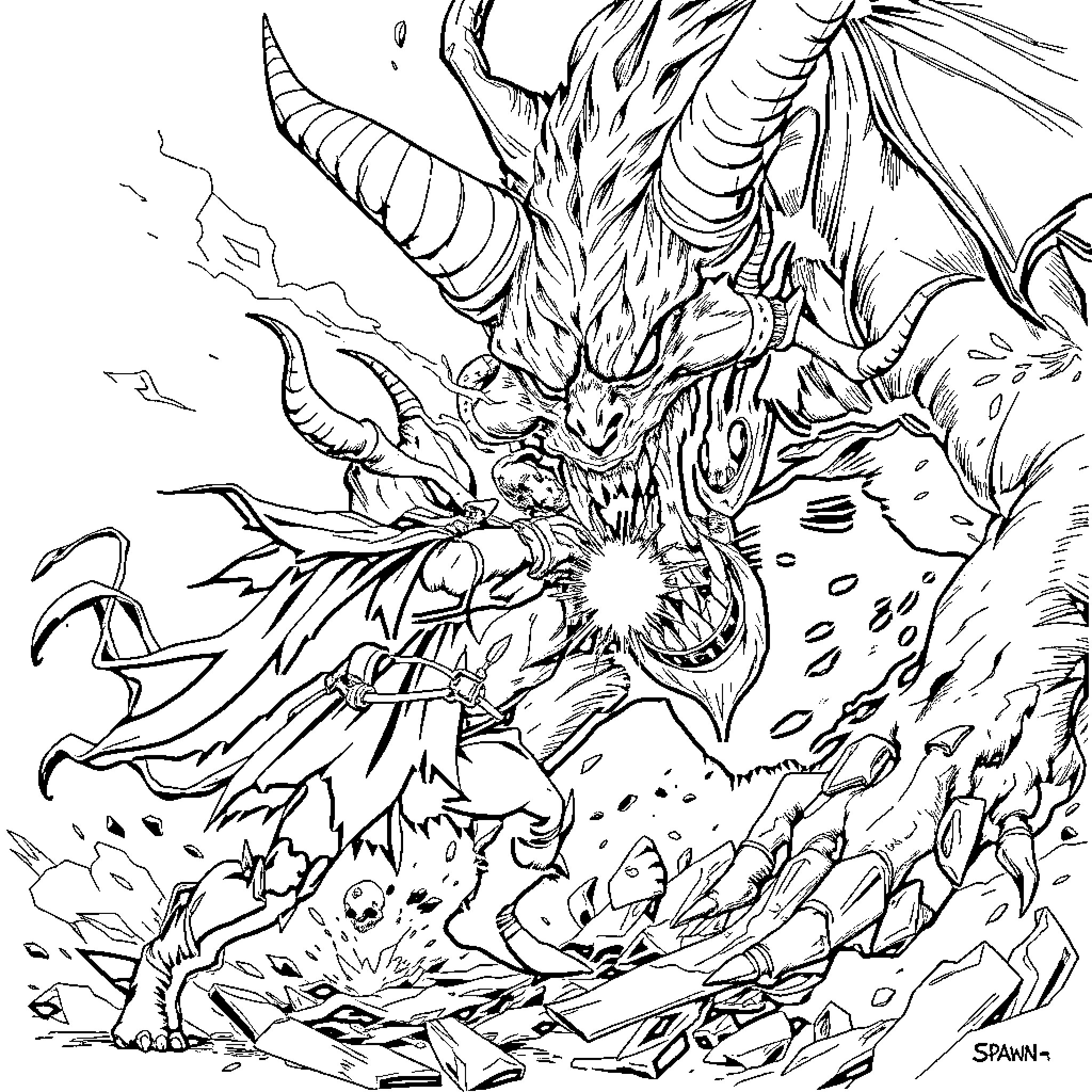 Spawn of the Fearsome Creature Unleashing Destruction Coloring Page (free black-and-white line drawing printable PDF for all, from beginners to advanced learners, including children, teens, adults, and seniors)