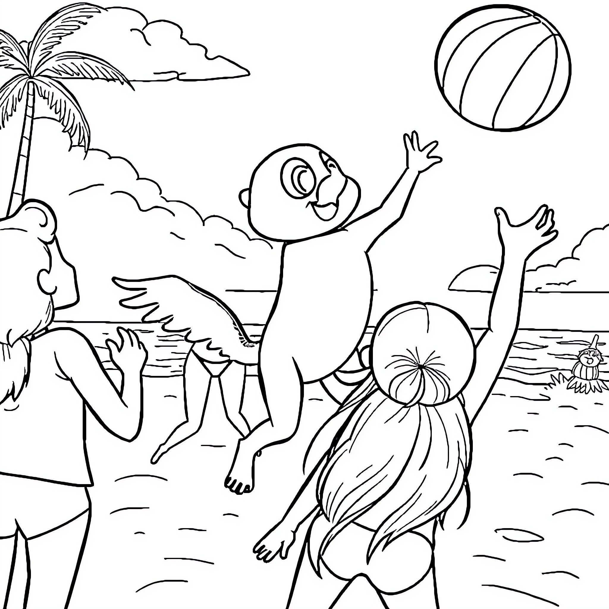 Stella's Beach Adventure with Friends Coloring Page (free black-and-white line drawing printable PDF for all, from beginners to advanced learners, including children, teens, adults, and seniors)