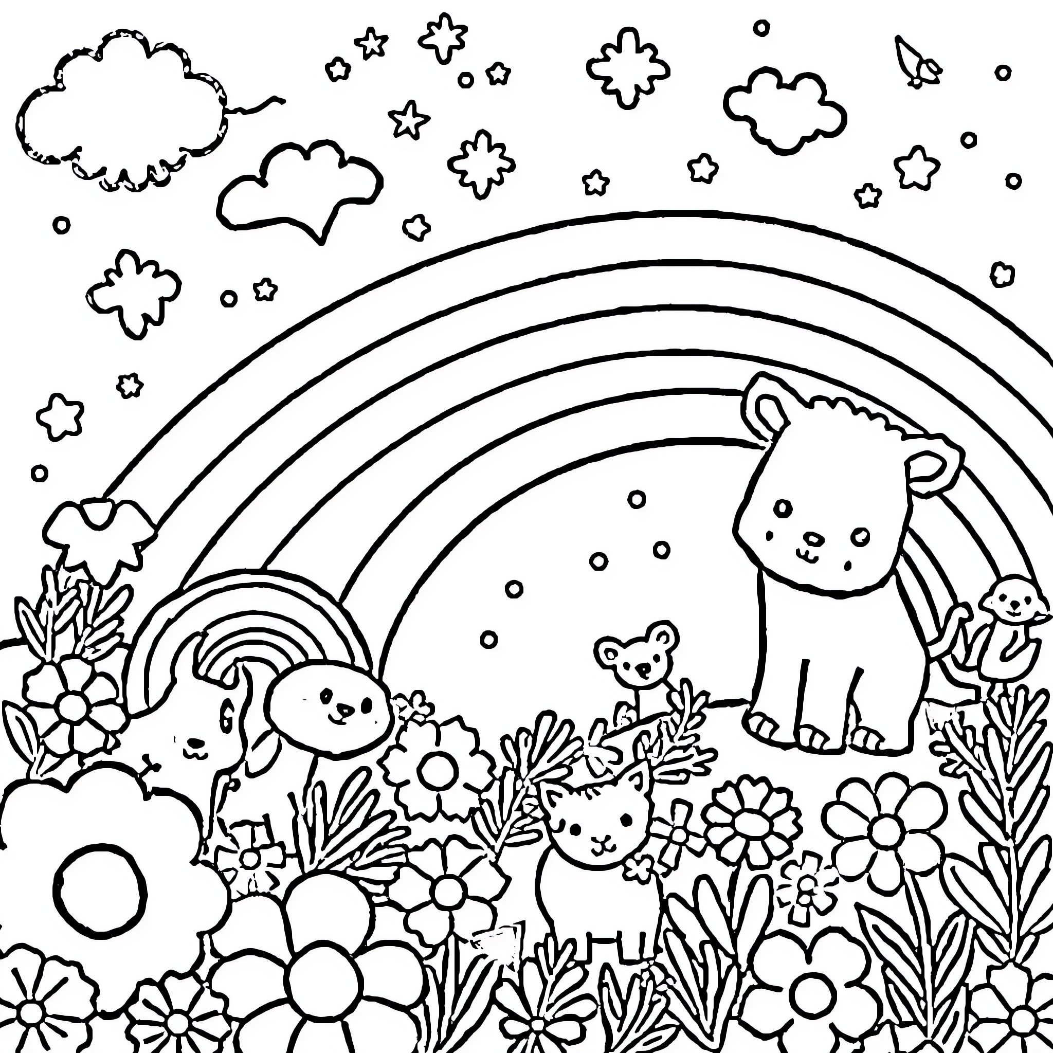 Lisa Frank Whimsical Animal Friends in Flower Garden Coloring Page (free black-and-white line drawing printable PDF for all, from beginners to advanced learners, including children, teens, adults, and seniors)