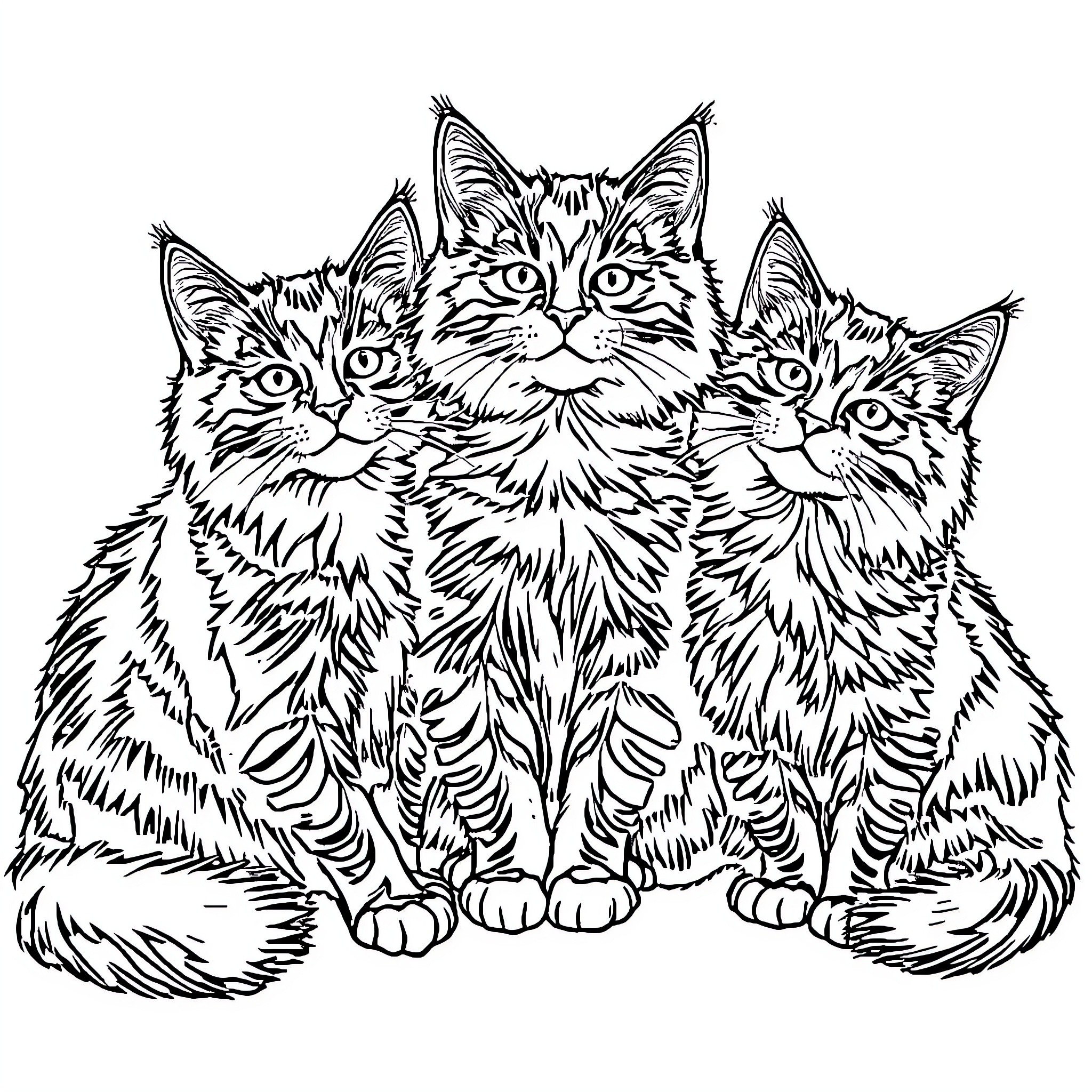 Maine Coon Kittens Cuddling Together Coloring Page (free black-and-white line drawing printable PDF for all, from beginners to advanced learners, including children, teens, adults, and seniors)