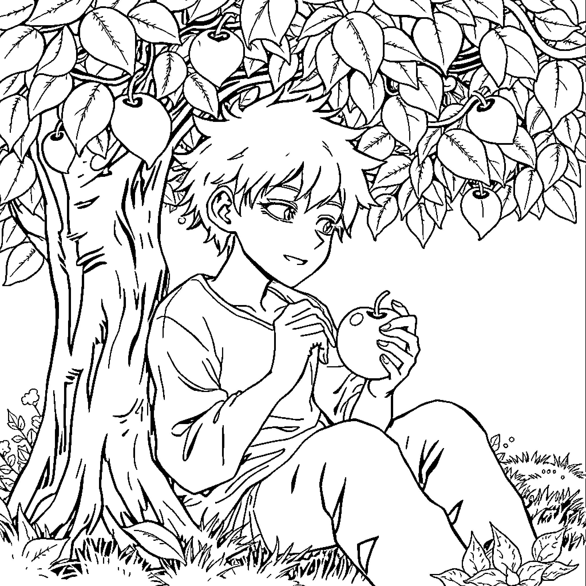 Killua enjoying nature in the serene outdoors Coloring Page (free black-and-white line drawing printable PDF for all, from beginners to advanced learners, including children, teens, adults, and seniors)