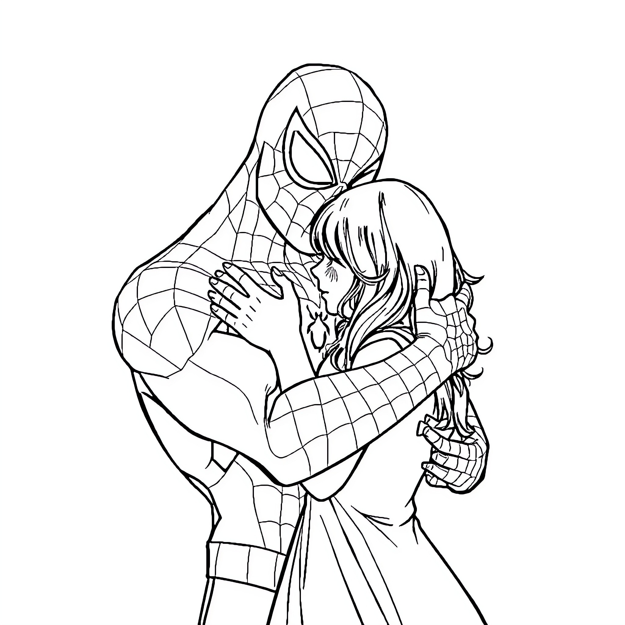 Spiderman embracing a woman affectionately Coloring Page (free black-and-white line drawing printable PDF for all, from beginners to advanced learners, including children, teens, adults, and seniors)