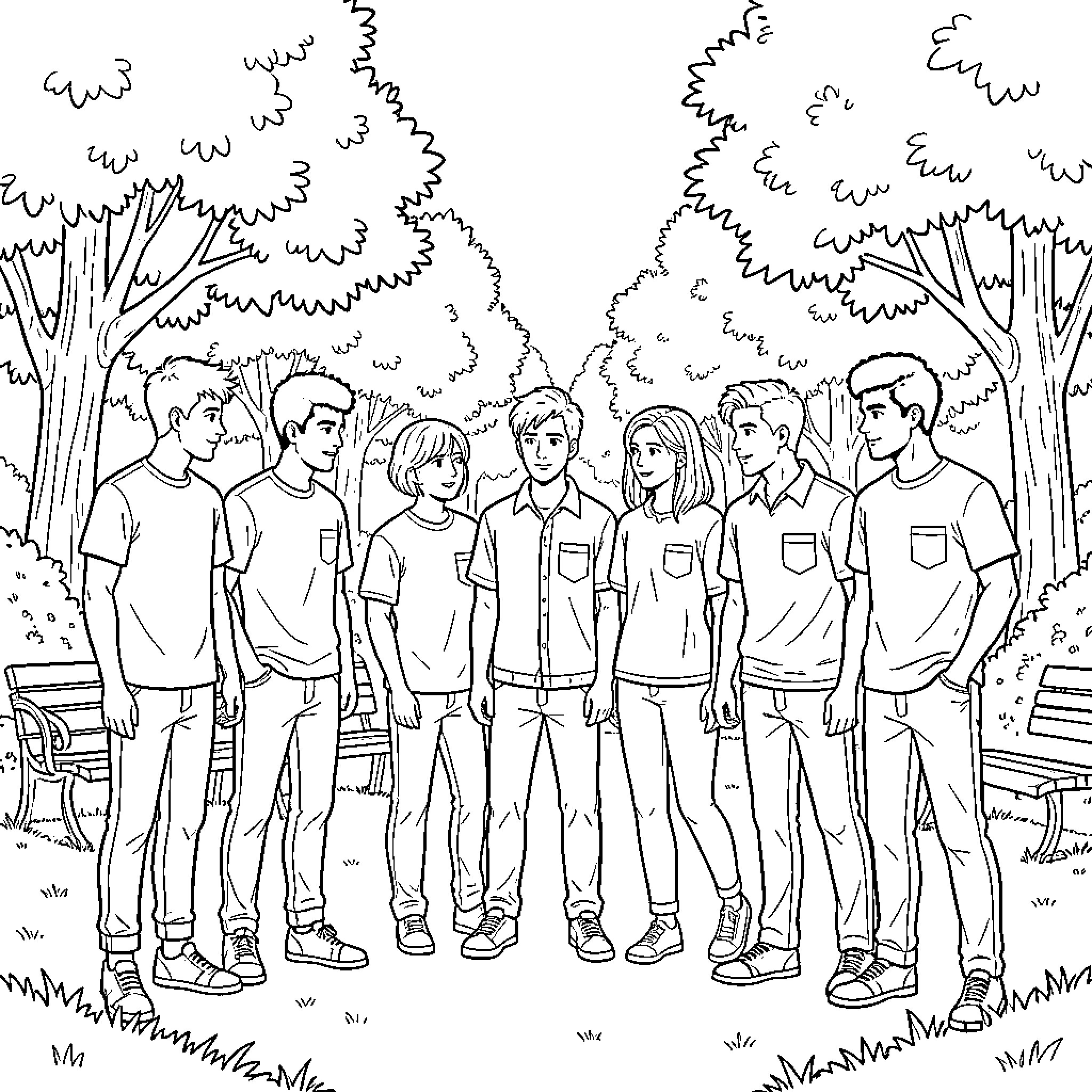 Teenagers standing together and talking in a park Coloring Page (free black-and-white line drawing printable PDF for all, from beginners to advanced learners, including children, teens, adults, and seniors)