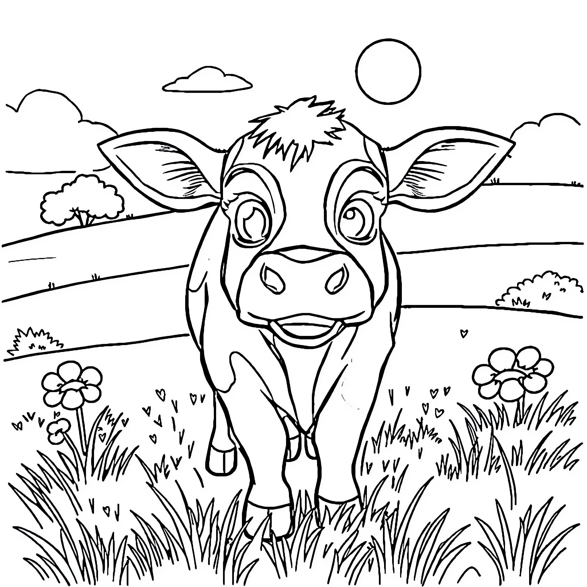 Lola the Friendly Cow in the Countryside Coloring Page (free black-and-white line drawing printable PDF for all, from beginners to advanced learners, including children, teens, adults, and seniors)