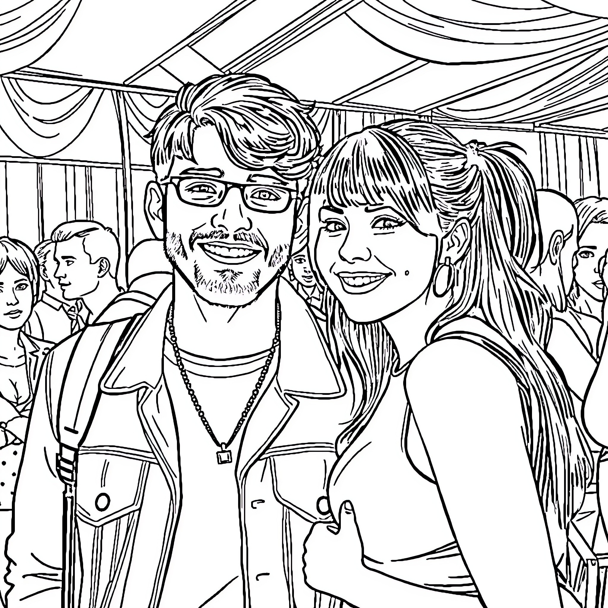 Upsahl - Smiling couple at a social event Coloring Page (free black-and-white line drawing printable PDF for all, from beginners to advanced learners, including children, teens, adults, and seniors)