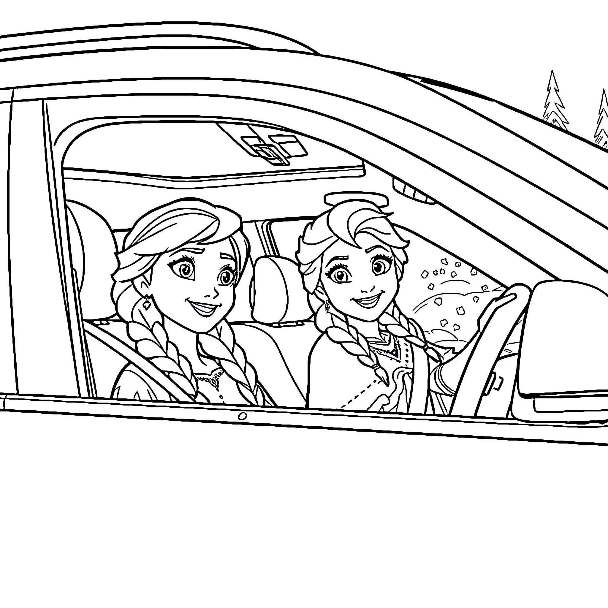 Anna and Elsa on a Road Trip Adventure Coloring Page (free black-and-white line drawing printable PDF for all, from beginners to advanced learners, including children, teens, adults, and seniors)