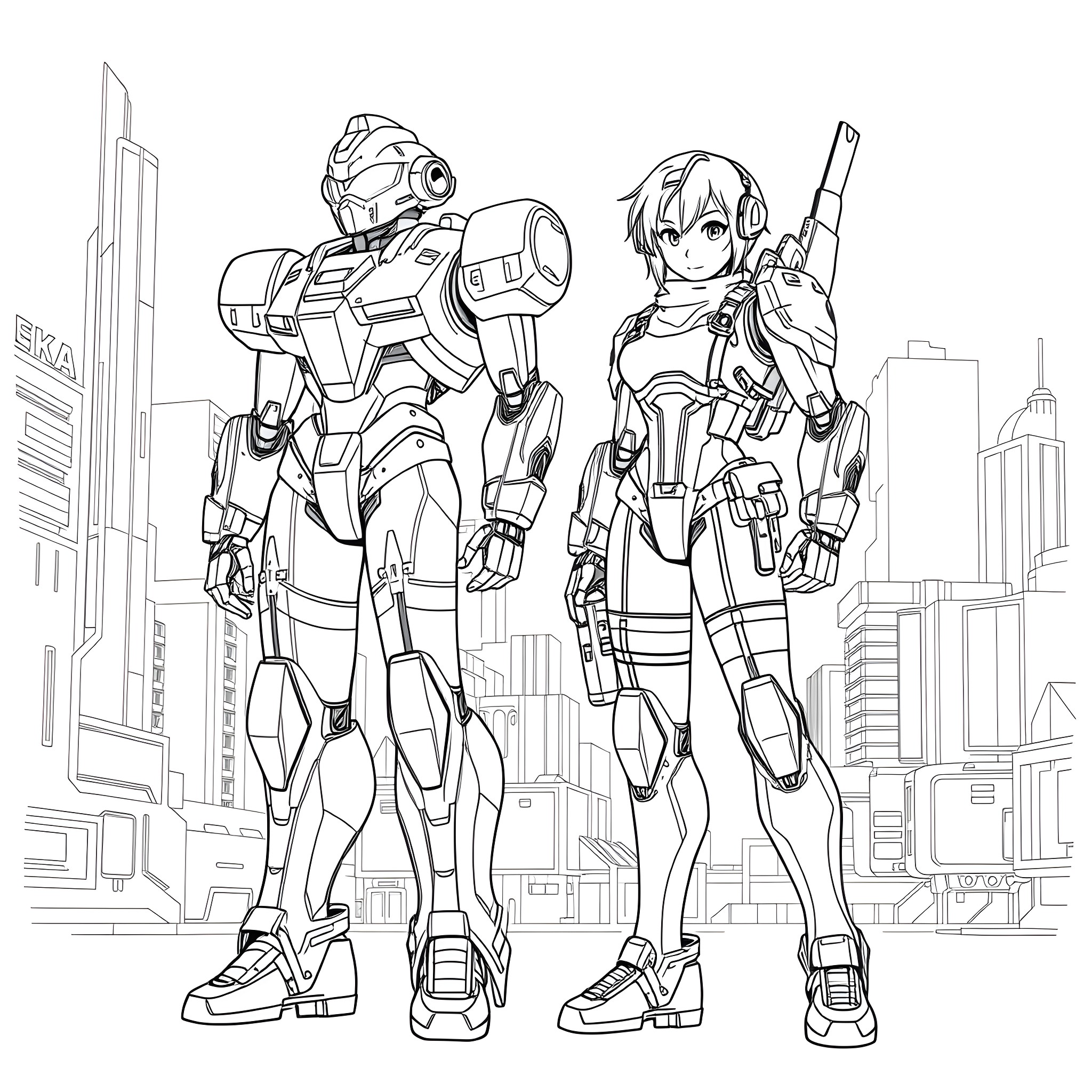 Motoko Kusanagi and her companion in futuristic gear Coloring Page (free black-and-white line drawing printable PDF for all, from beginners to advanced learners, including children, teens, adults, and seniors)