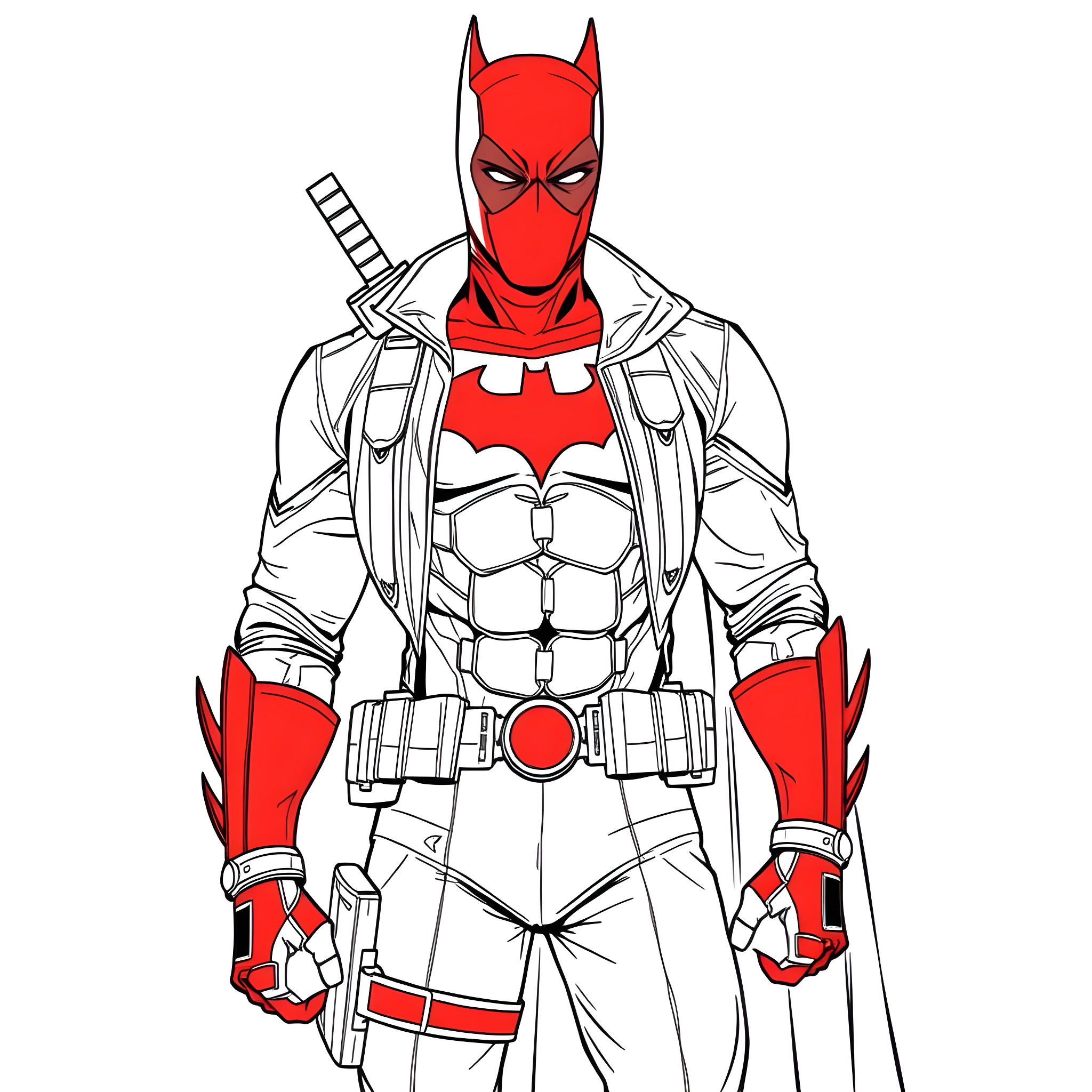 Red Hood in action-packed superhero attire Coloring Page (free black-and-white line drawing printable PDF for all, from beginners to advanced learners, including children, teens, adults, and seniors)